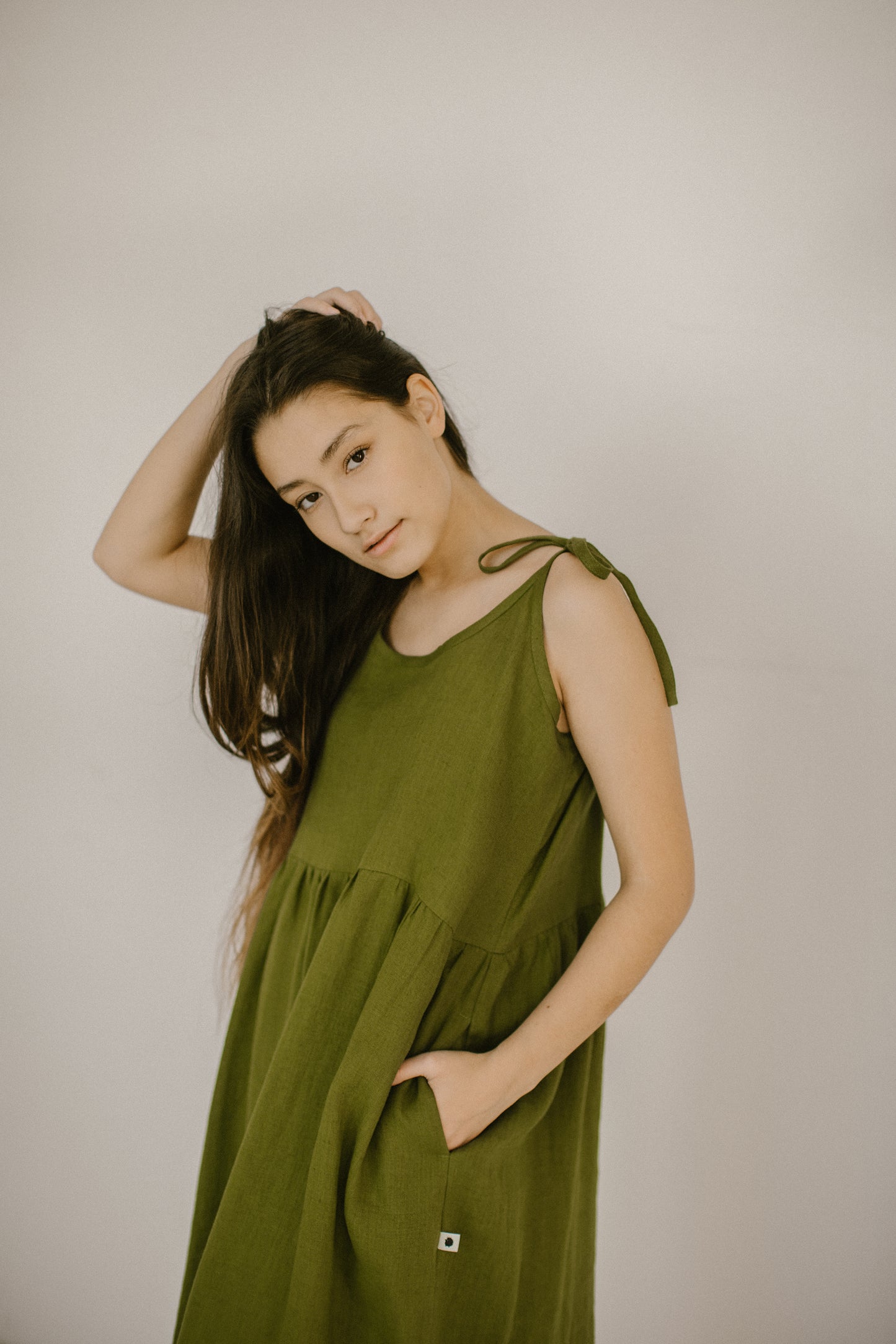 Linen midi dress with adjustable staps LINDA