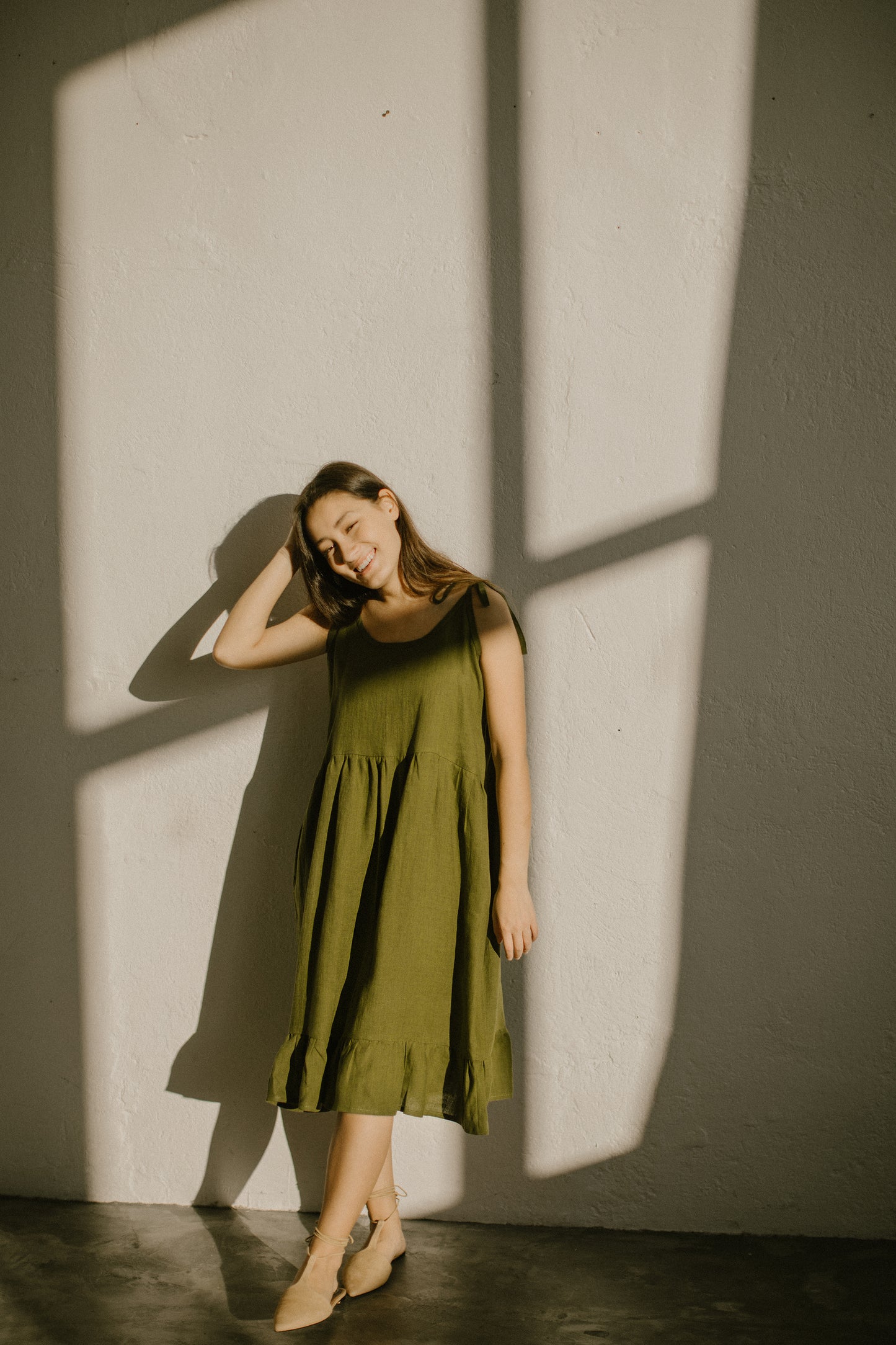Linen midi dress with adjustable staps LINDA