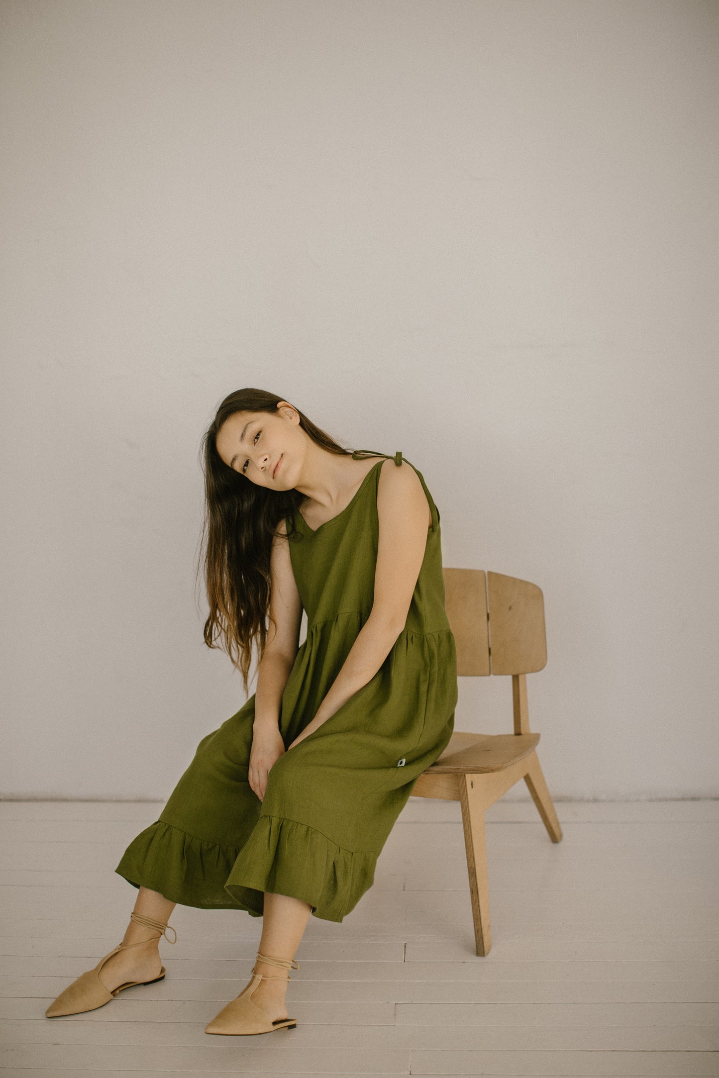 Linen midi dress with adjustable staps LINDA