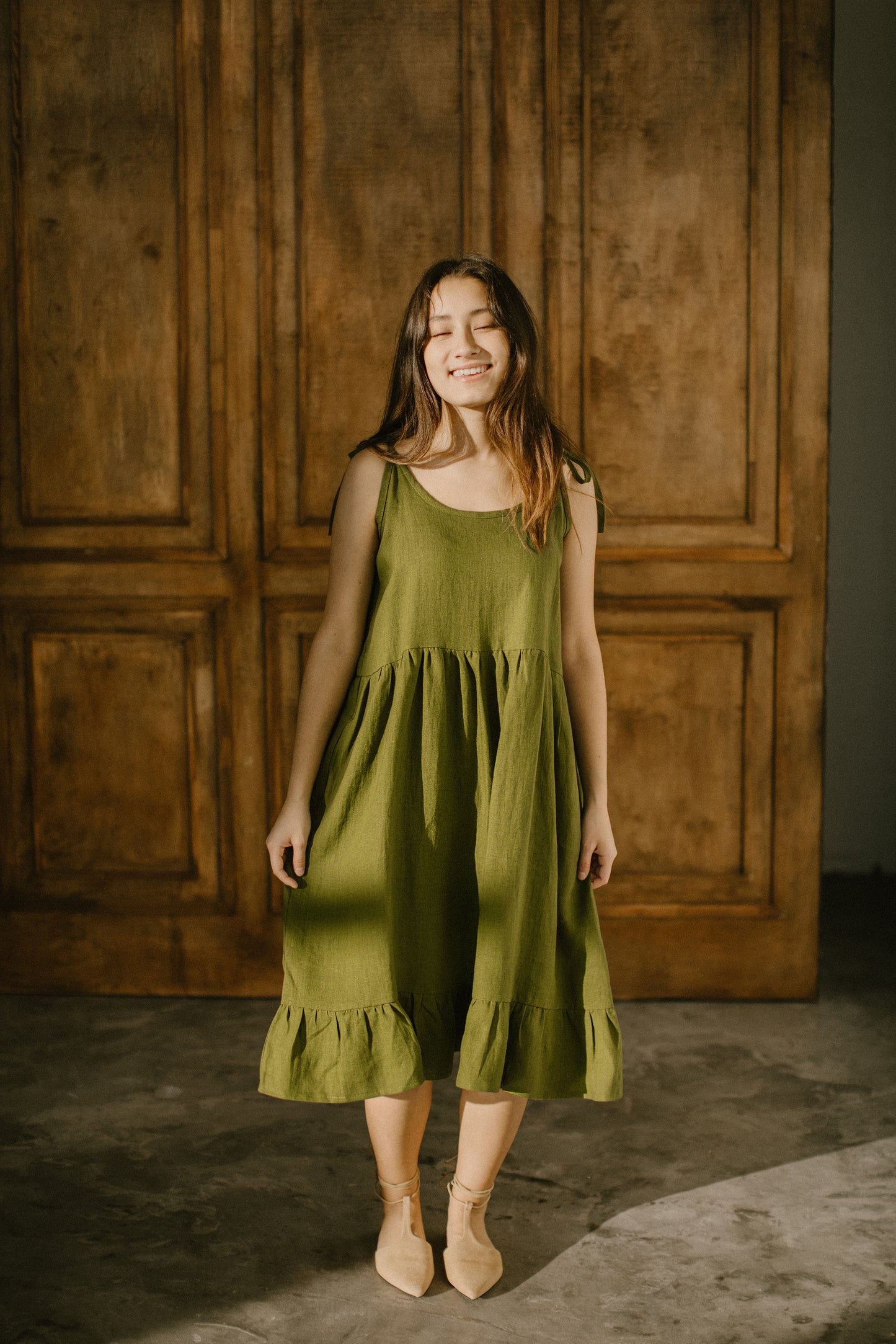 Linen midi dress with adjustable staps LINDA