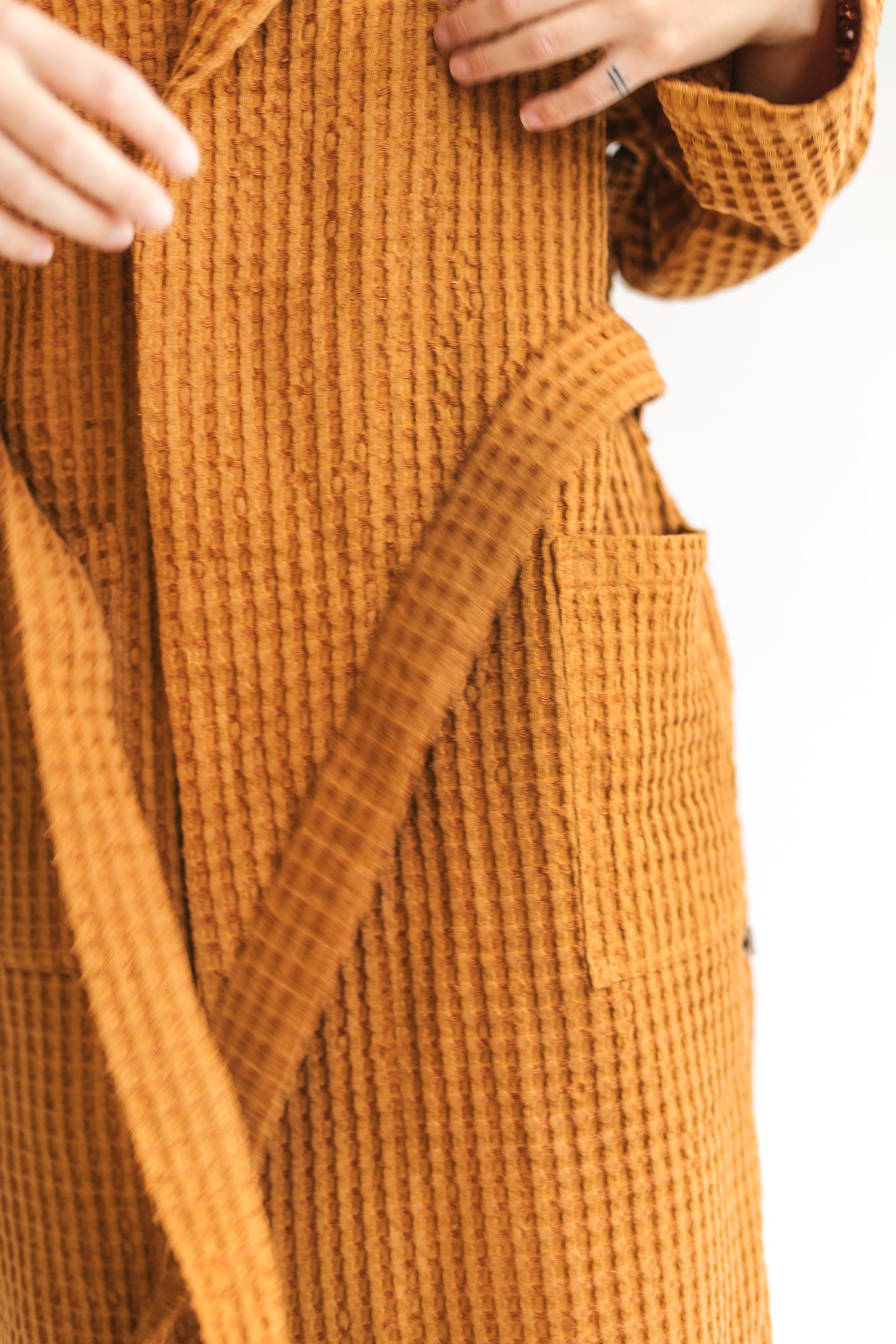 Hooded long organic linen & cotton waffle robe for women and men