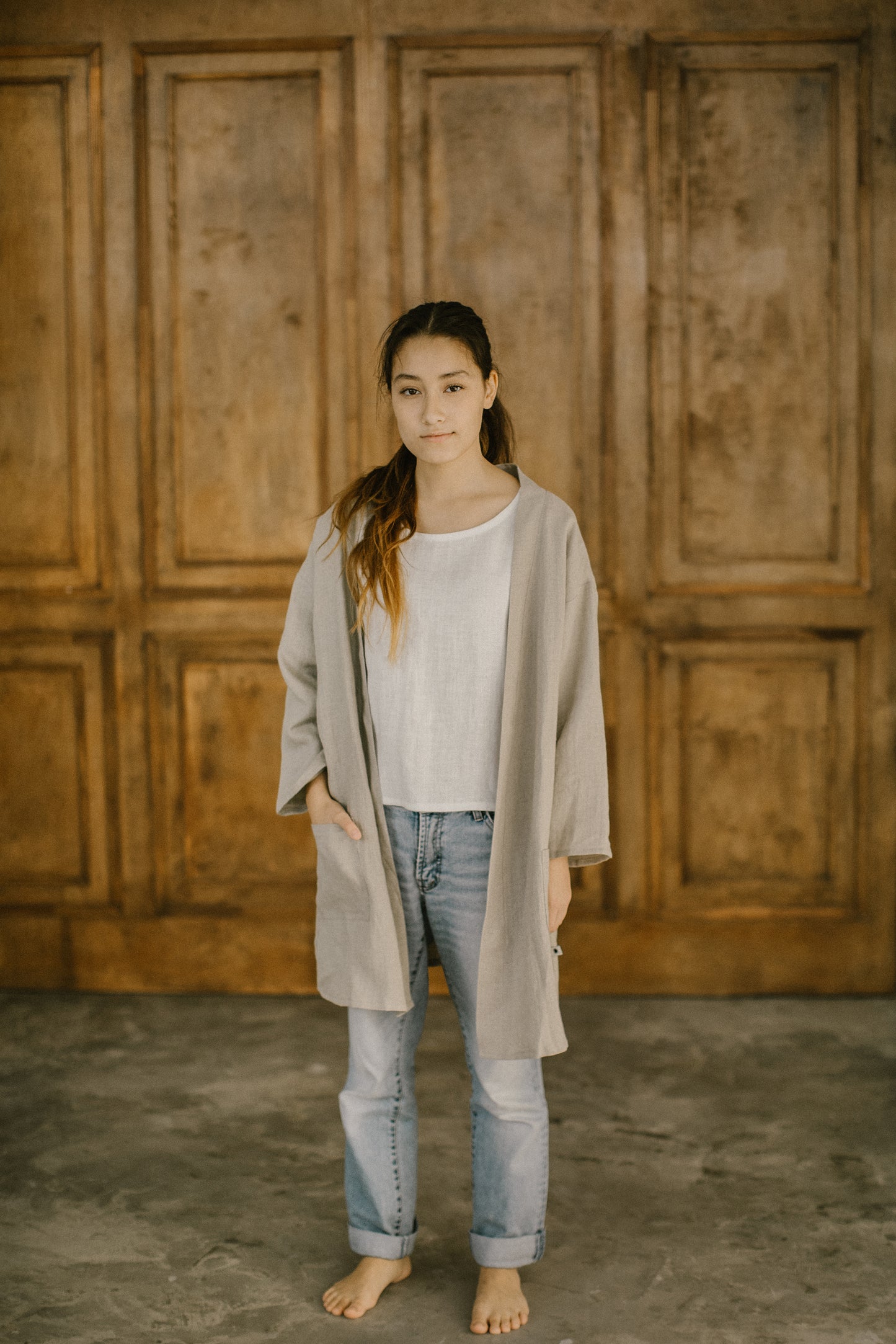 Linen kimono cardigan with long sleeves