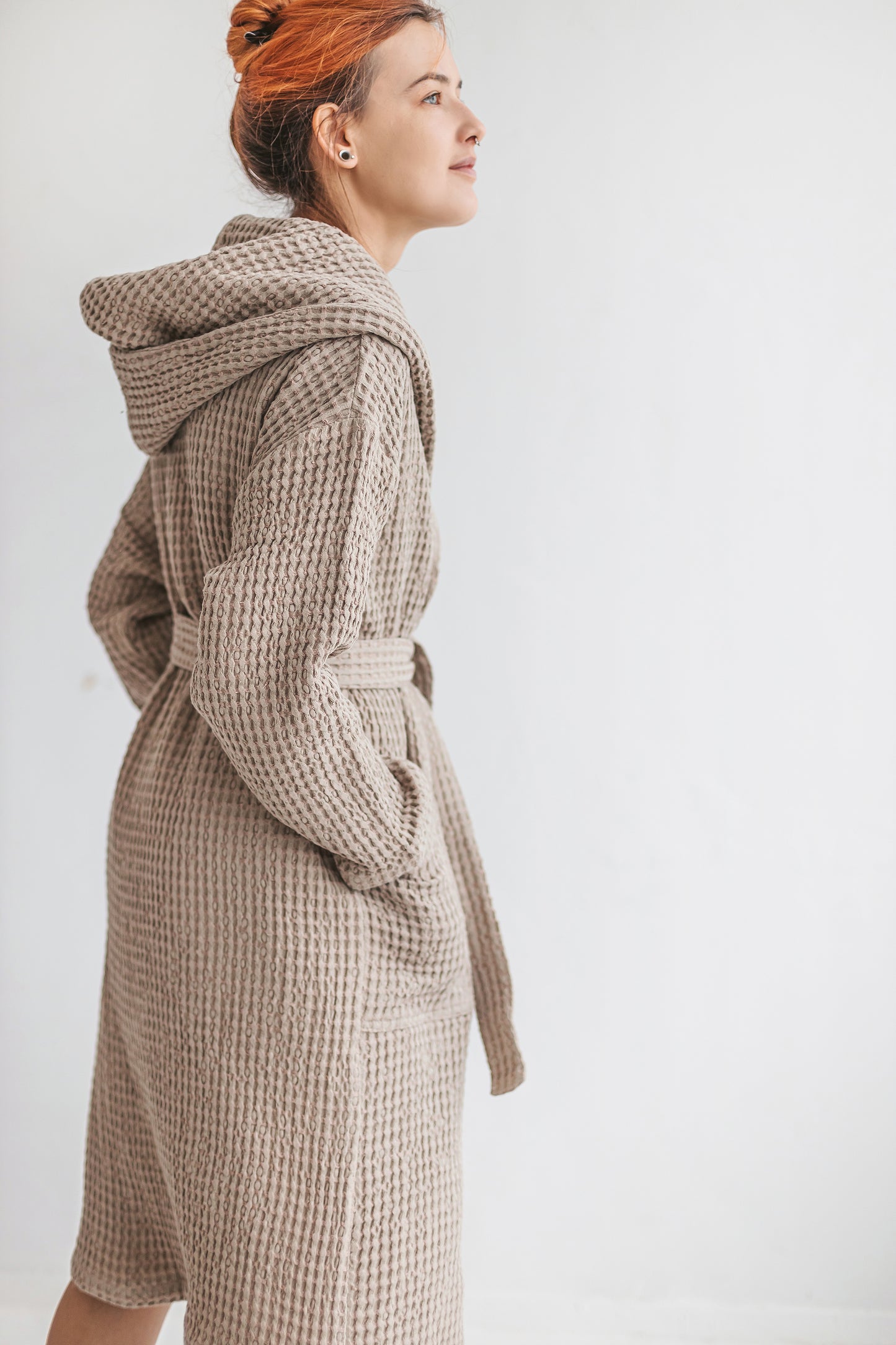 Hooded long organic linen & cotton waffle robe for women and men