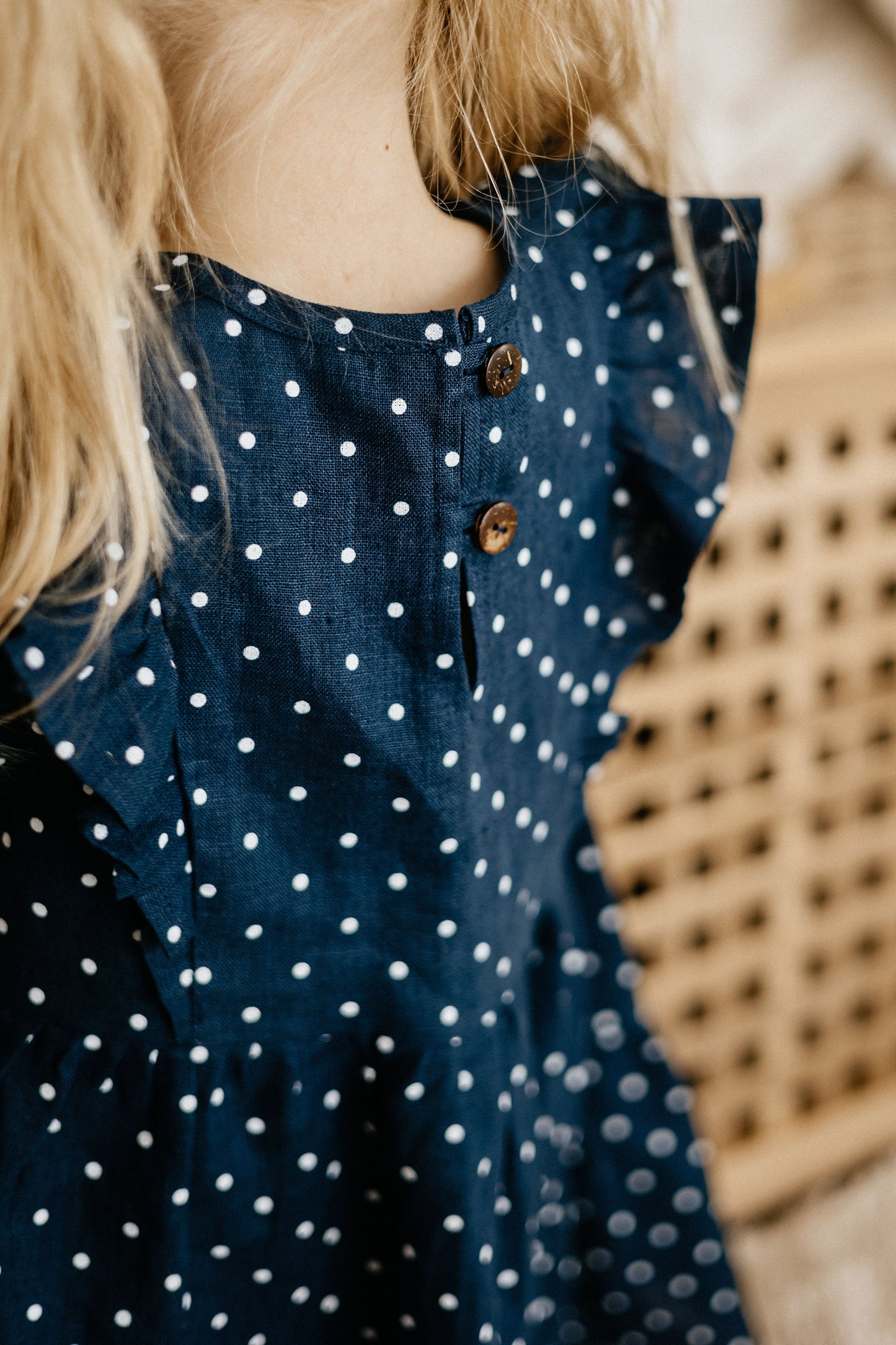 Blue and white polka dot linen dress for girls