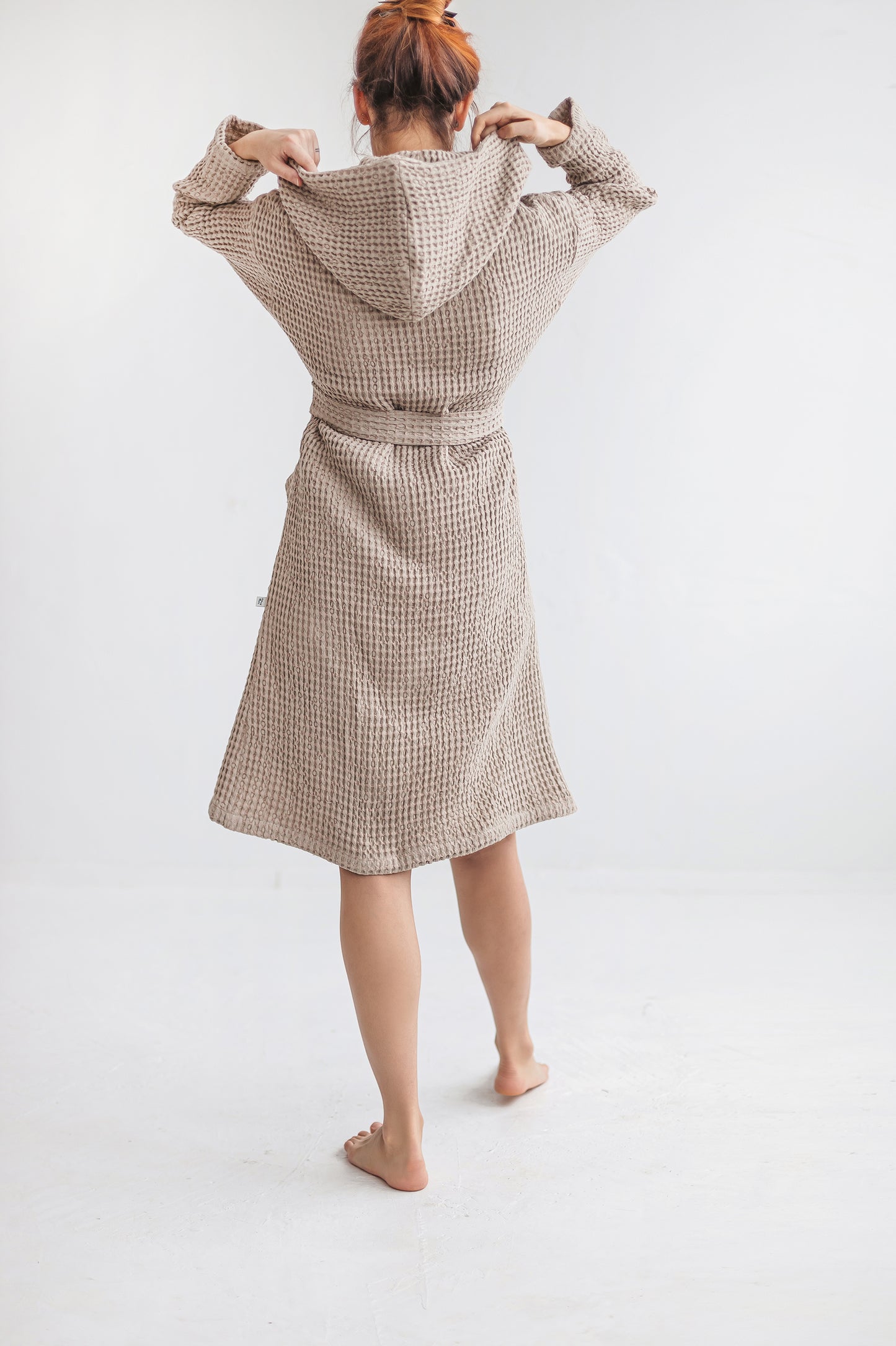 Hooded long organic linen & cotton waffle robe for women and men