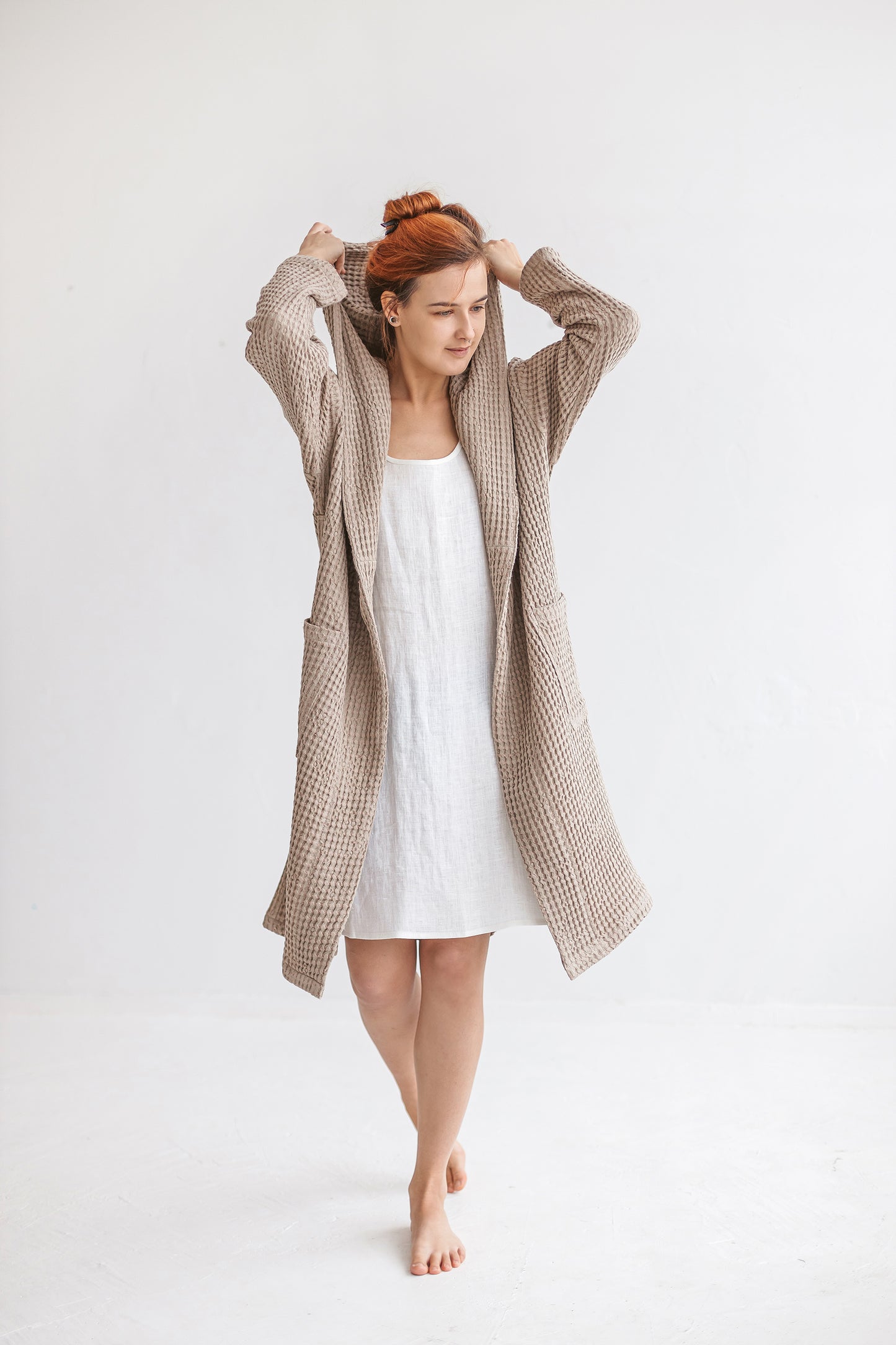 Hooded long organic linen & cotton waffle robe for women and men