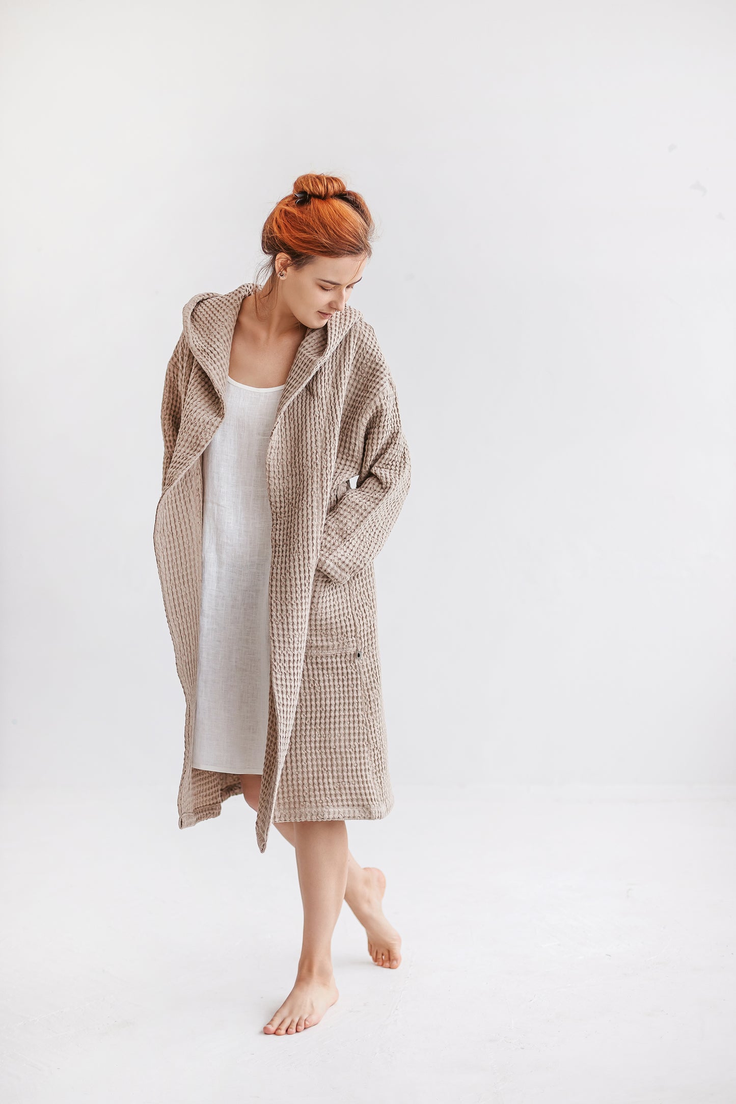 Hooded long organic linen & cotton waffle robe for women and men
