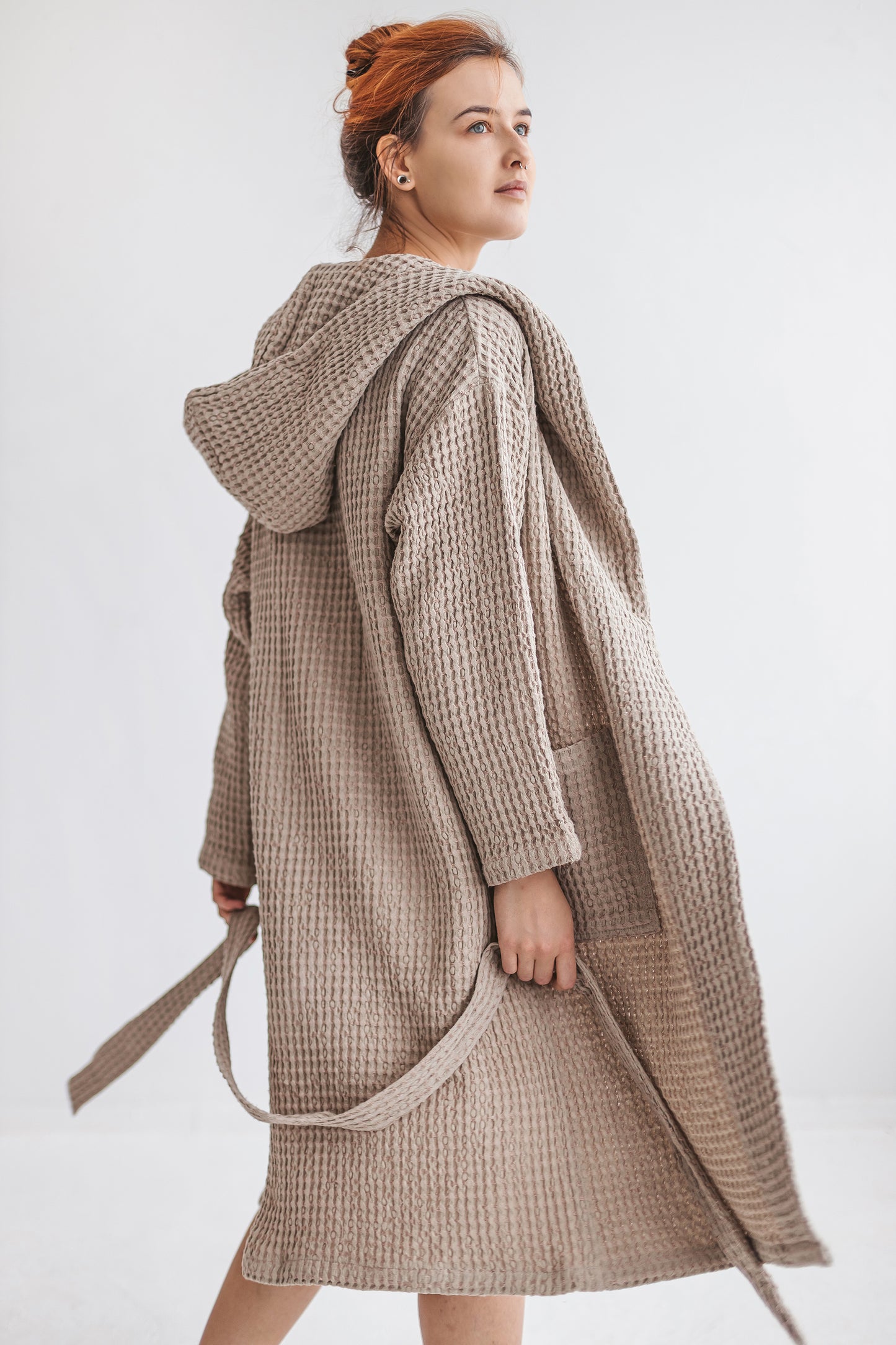 Hooded long organic linen & cotton waffle robe for women and men