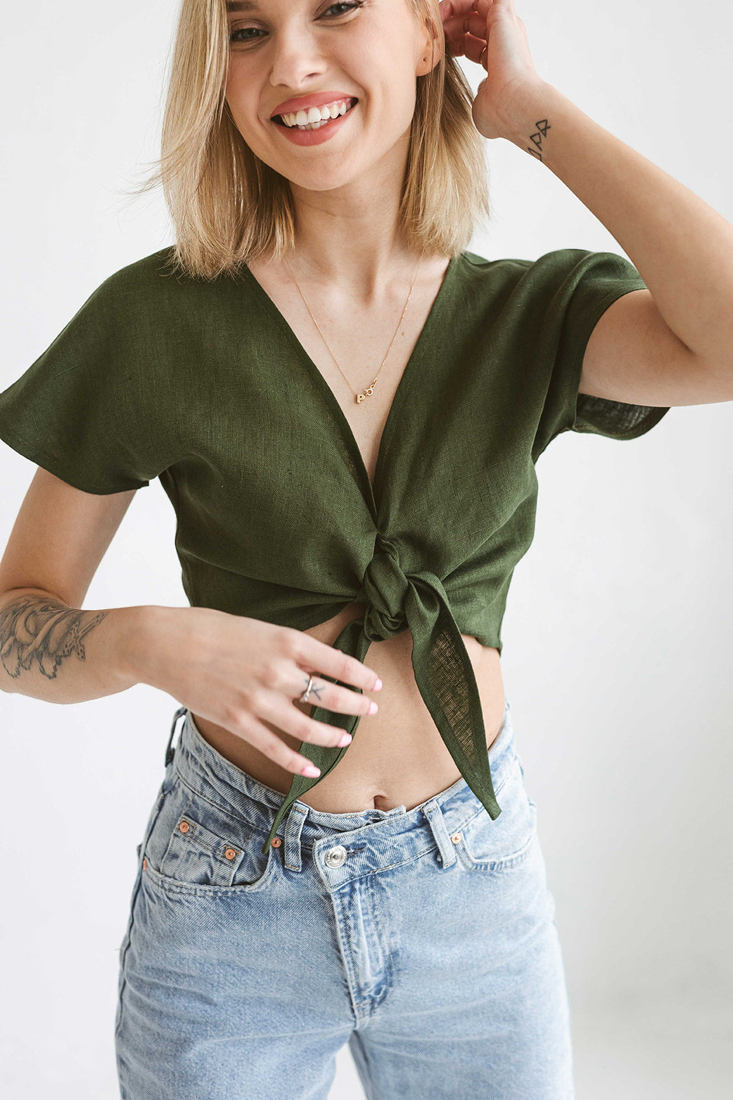 Linen tie front top RUBY