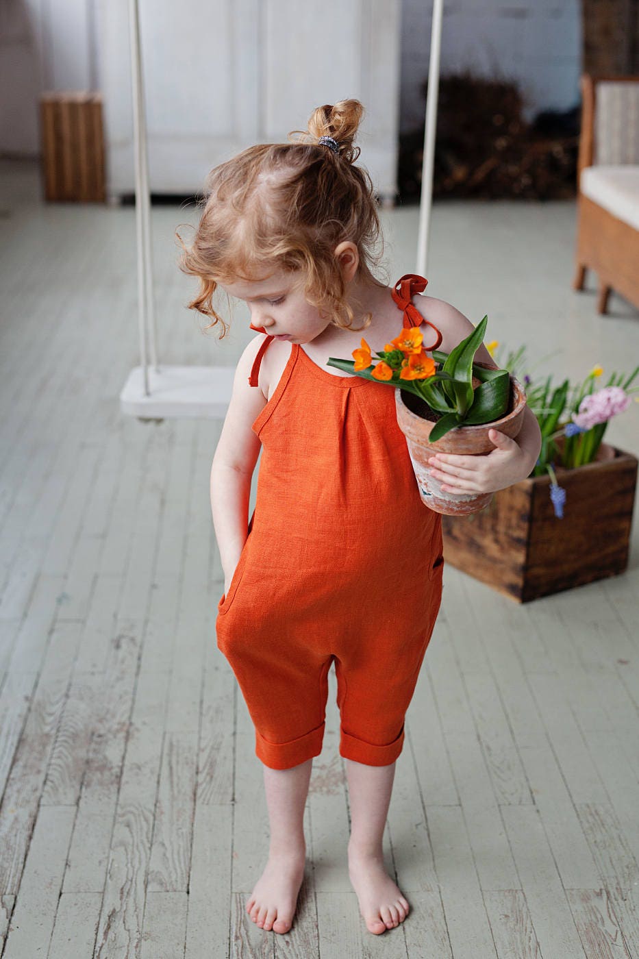 Adorable baby girls and toddlers linen overalls for summer