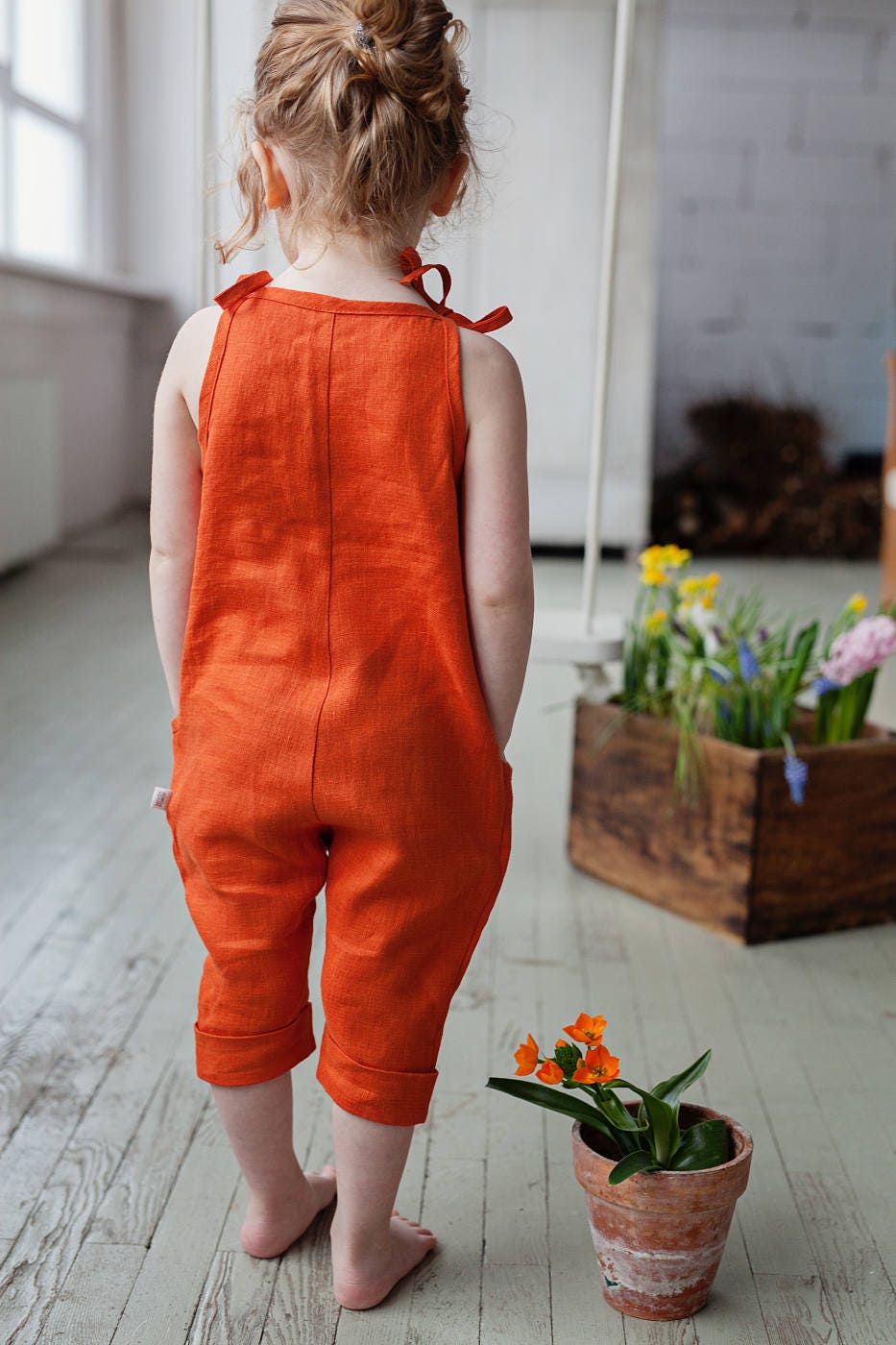 Adorable baby girls and toddlers linen overalls for summer