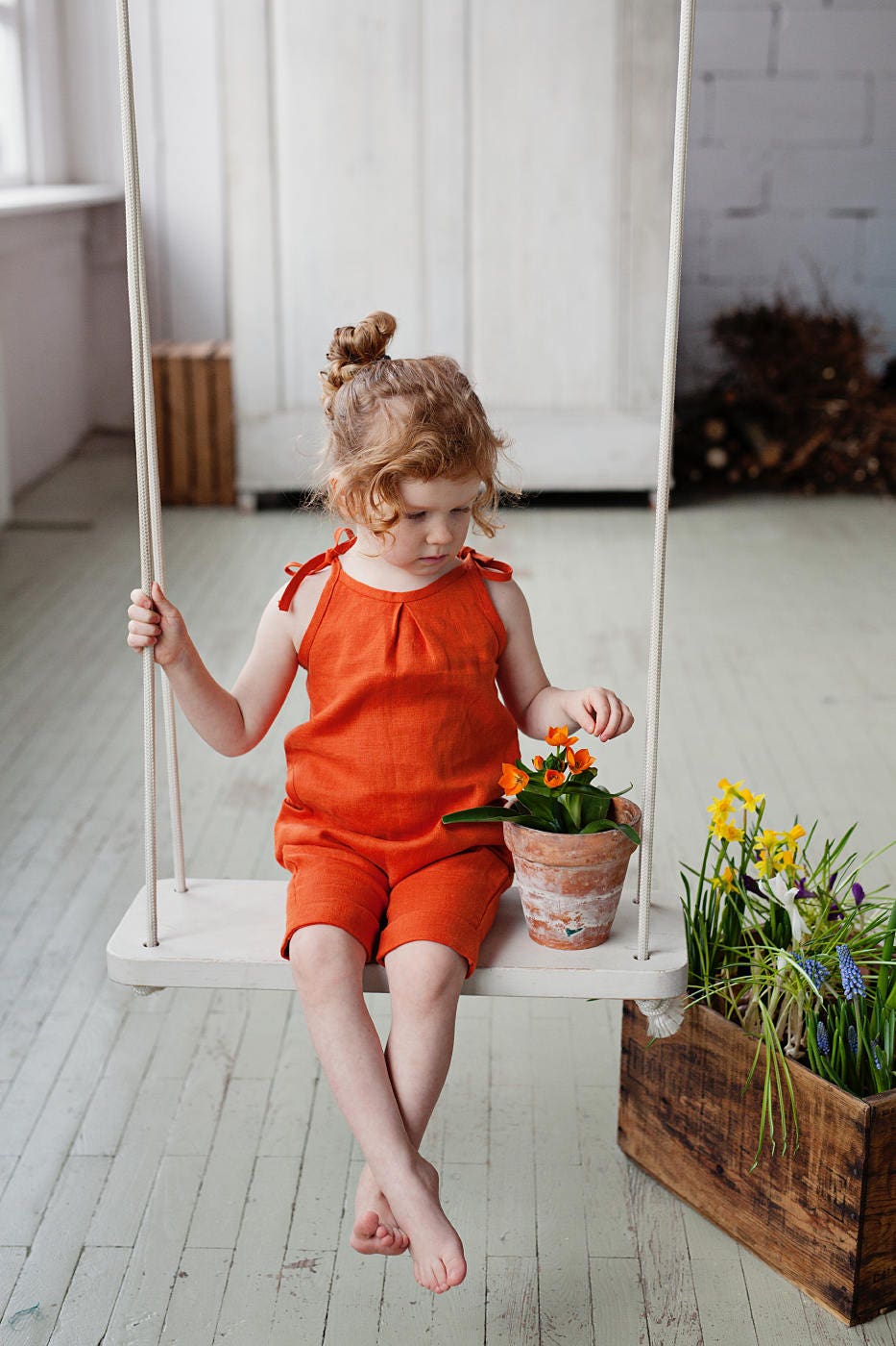 Adorable baby girls and toddlers linen playsuit for summer