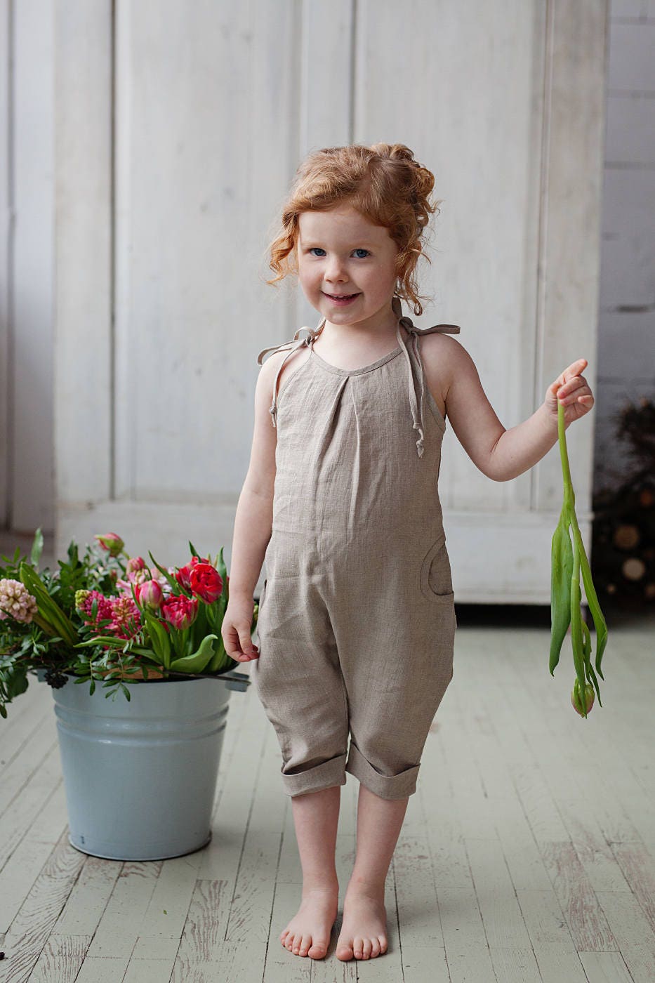 Linen baby girls overalls