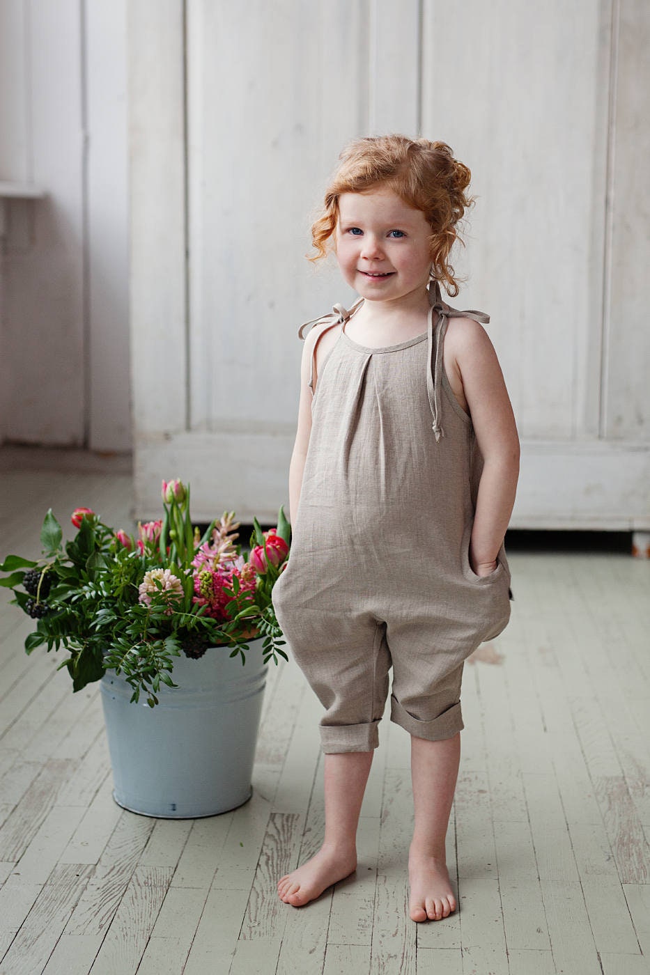 Linen baby girls overalls