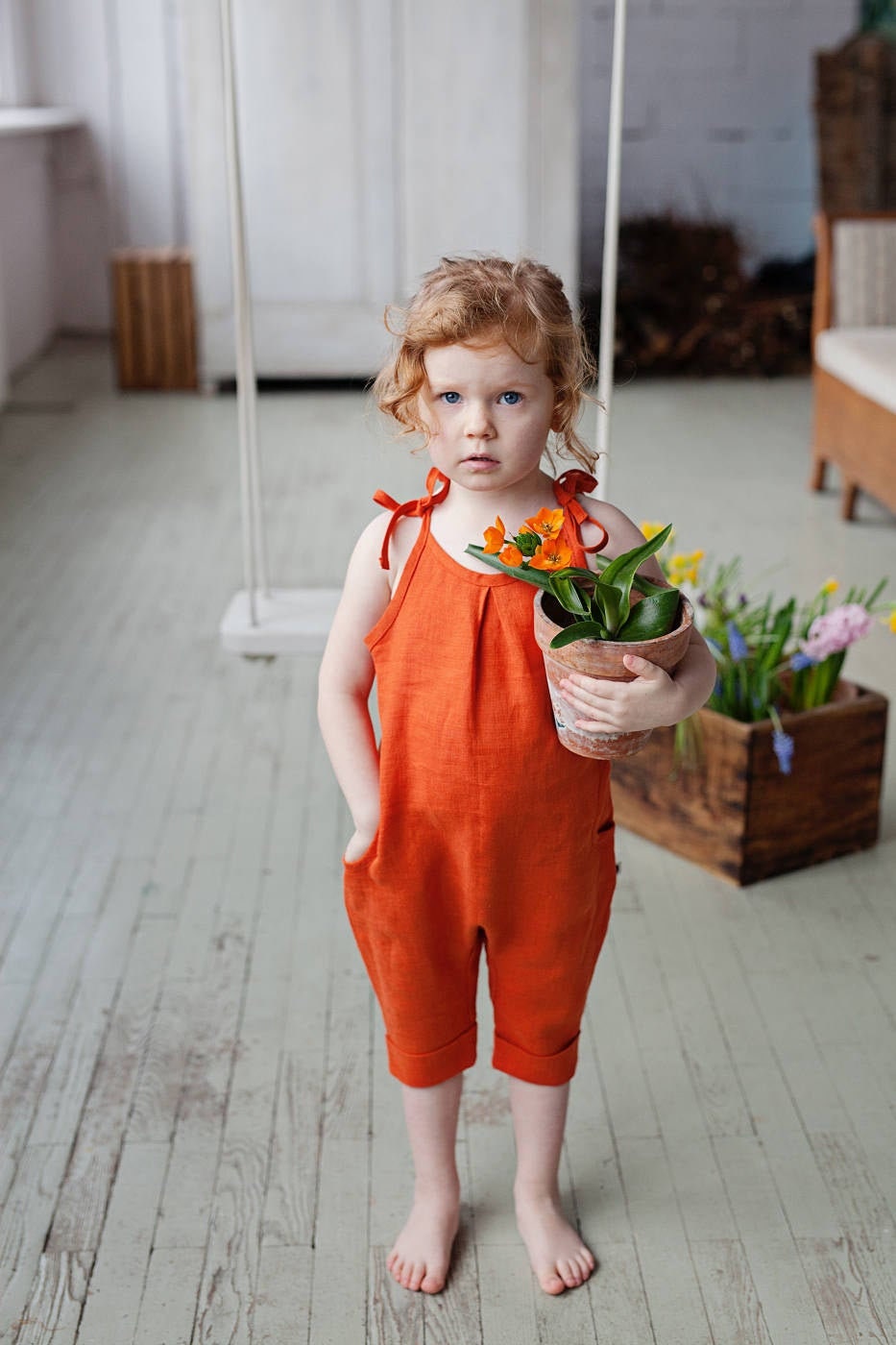 Adorable baby girls and toddlers linen playsuit for summer