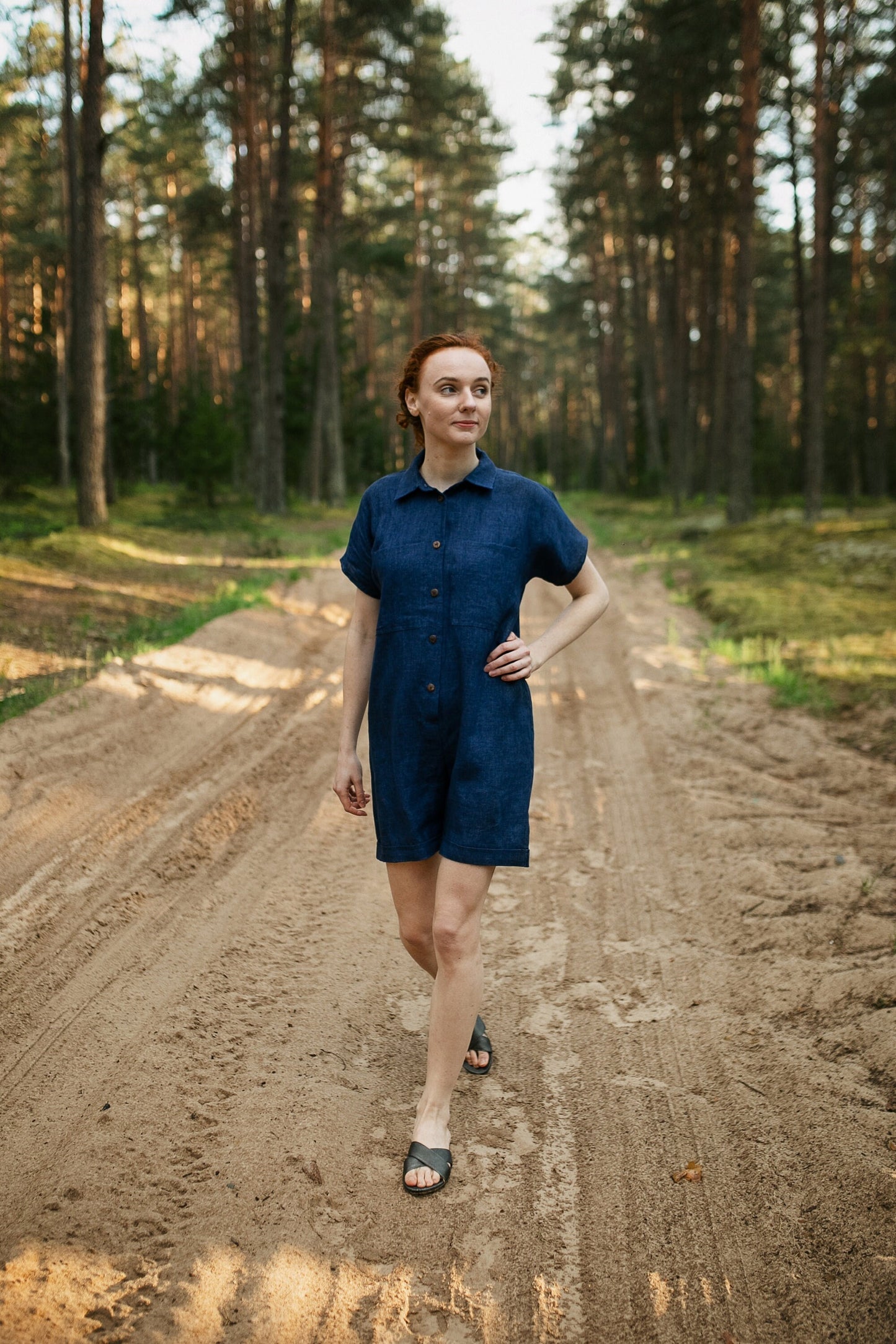 Linen jumpsuit with pockets CARLA, size 36/READY TO SHIP