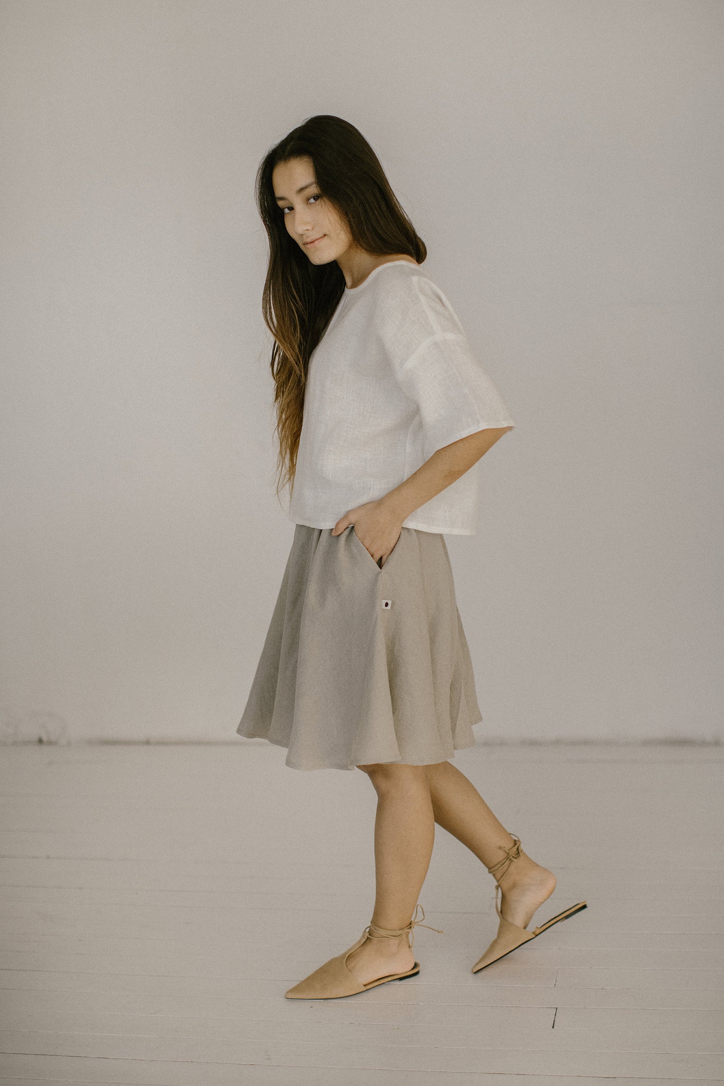 Pleated linen midi skirt AGNES