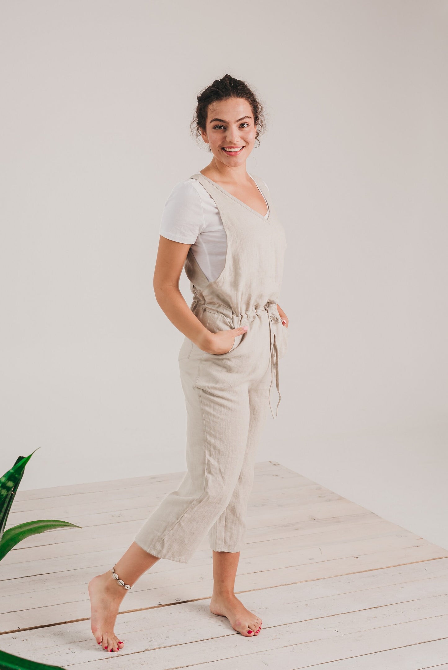 Linen V-neck jumpsuit FRIDA, size 36/READY TO SHIP