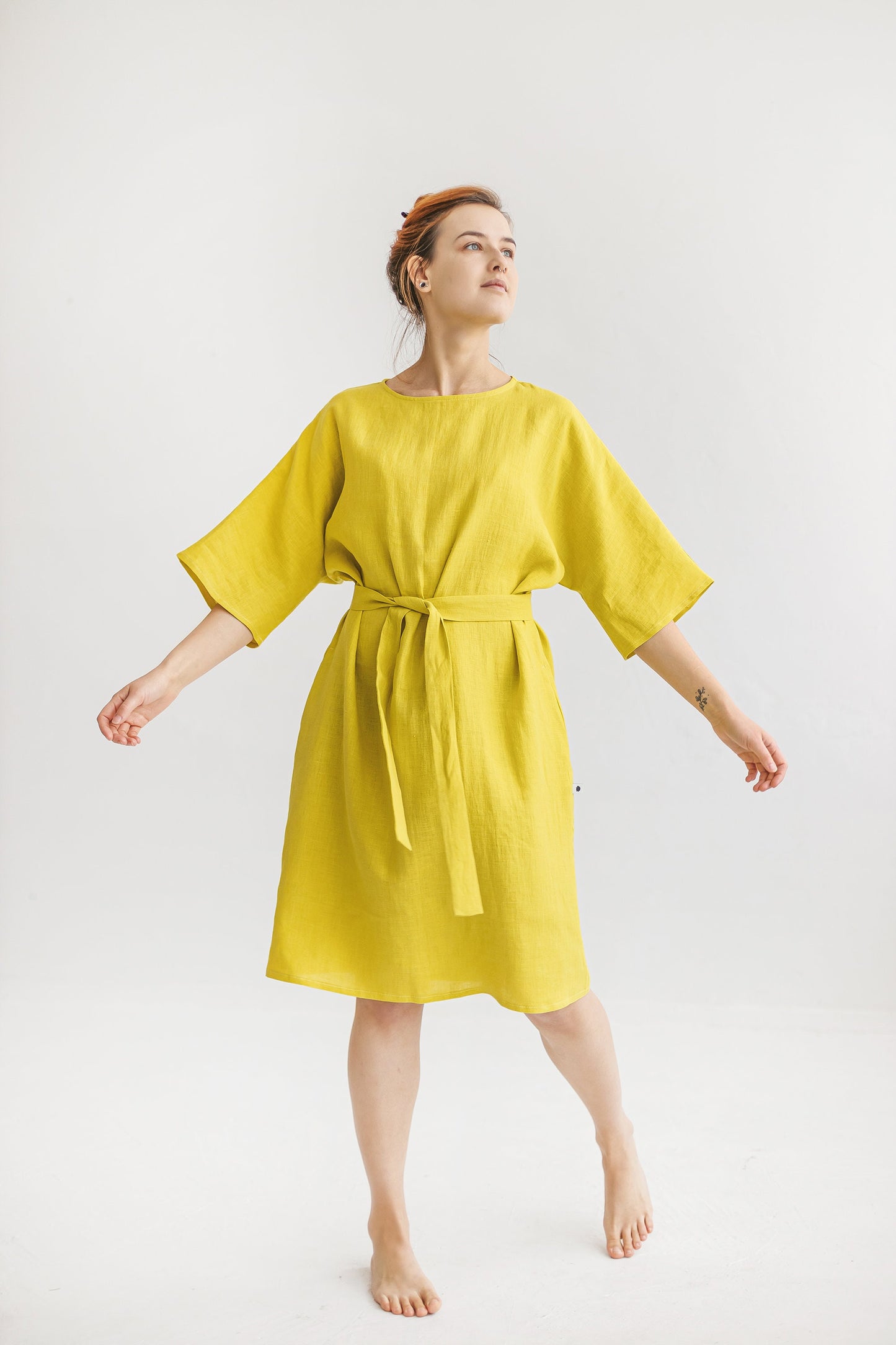 Casual loose linen dress with belt RITA