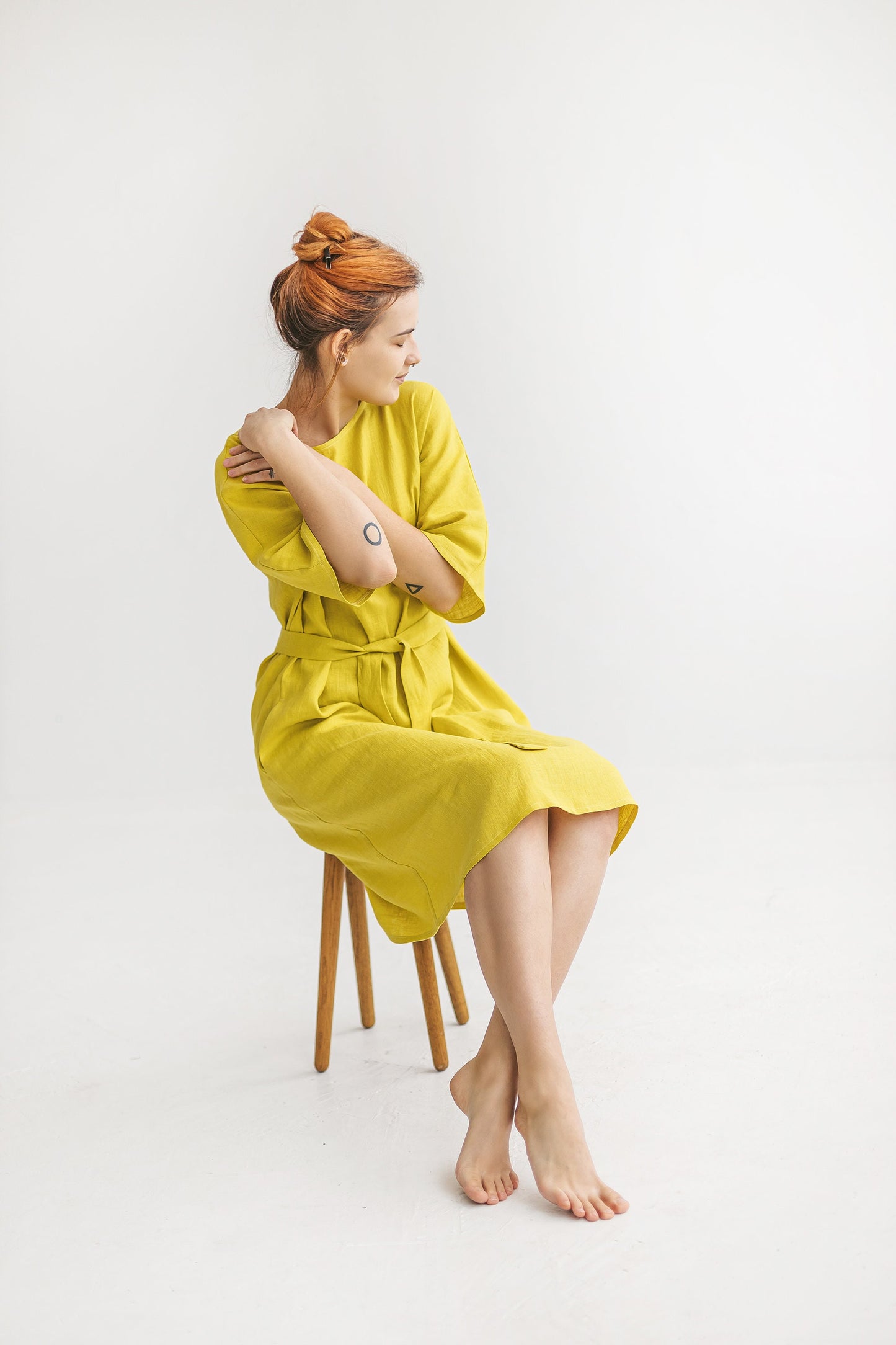 Casual loose linen dress with belt RITA