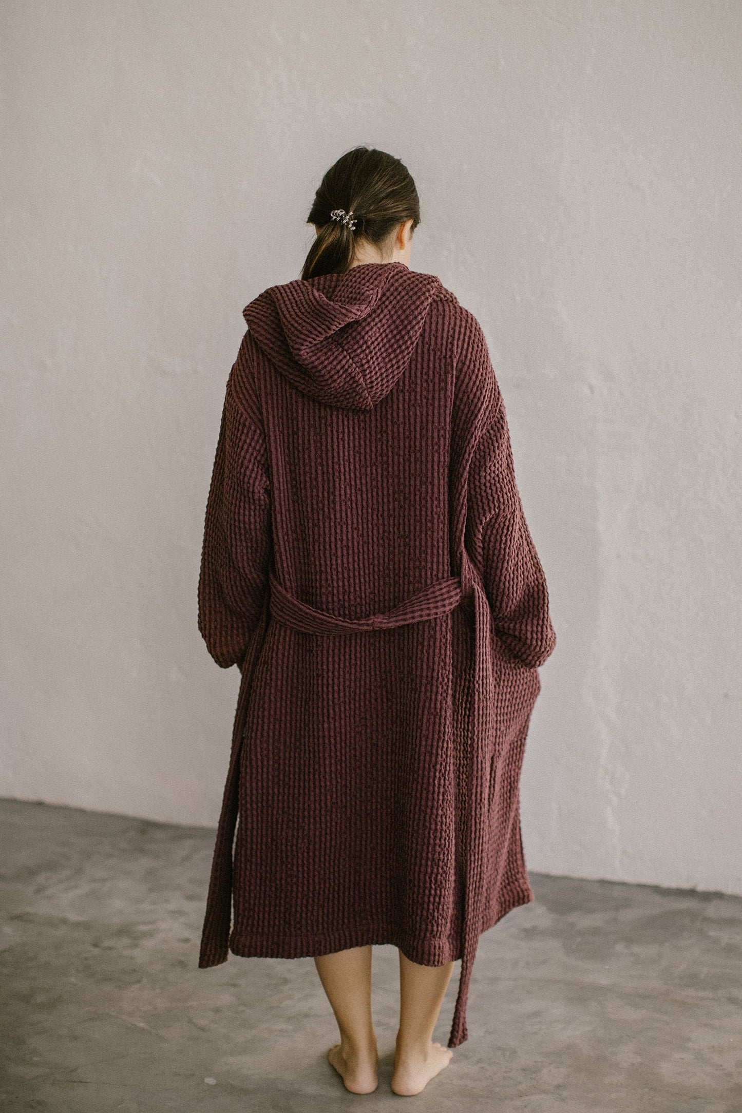 Hooded long organic linen & cotton waffle robe for women and men