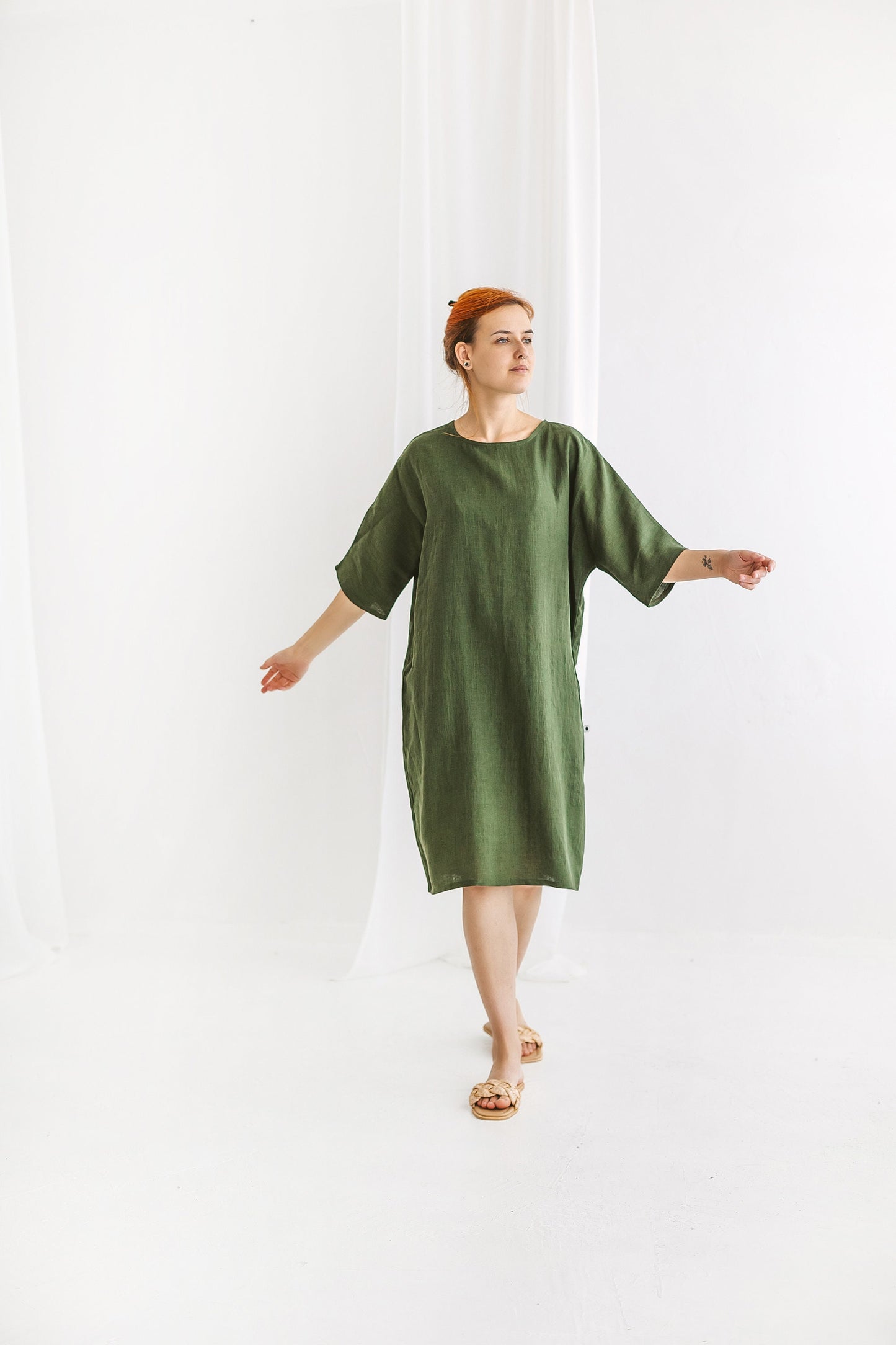 Semi formal linen dress with belt RITA/READY TO SHIP