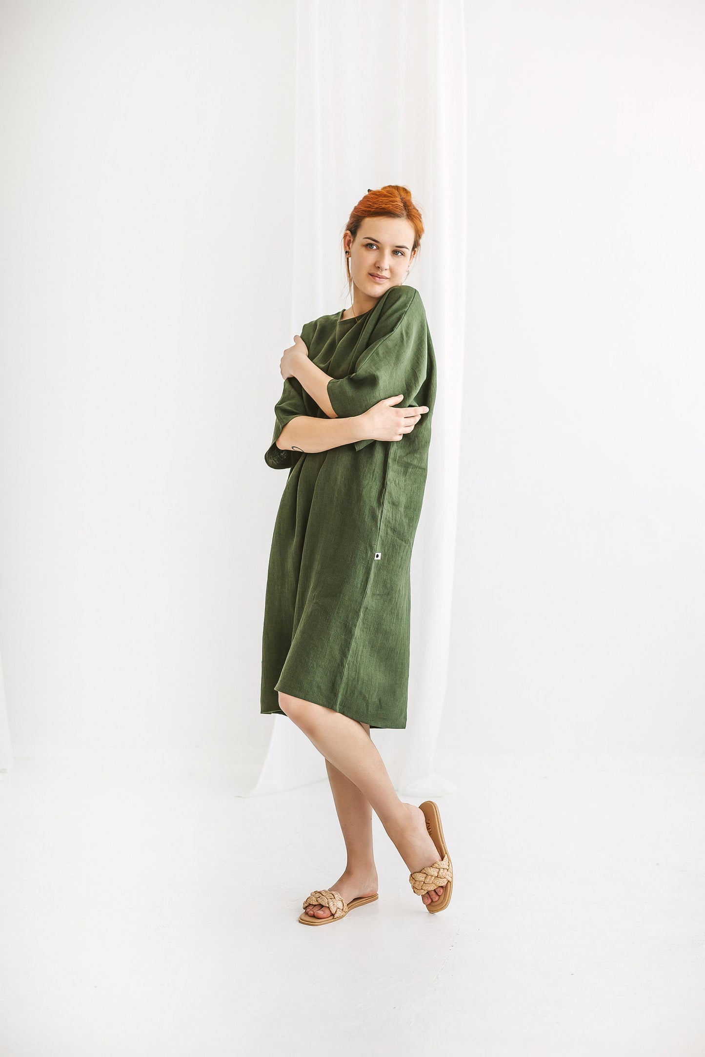 Semi formal linen dress with belt RITA/READY TO SHIP