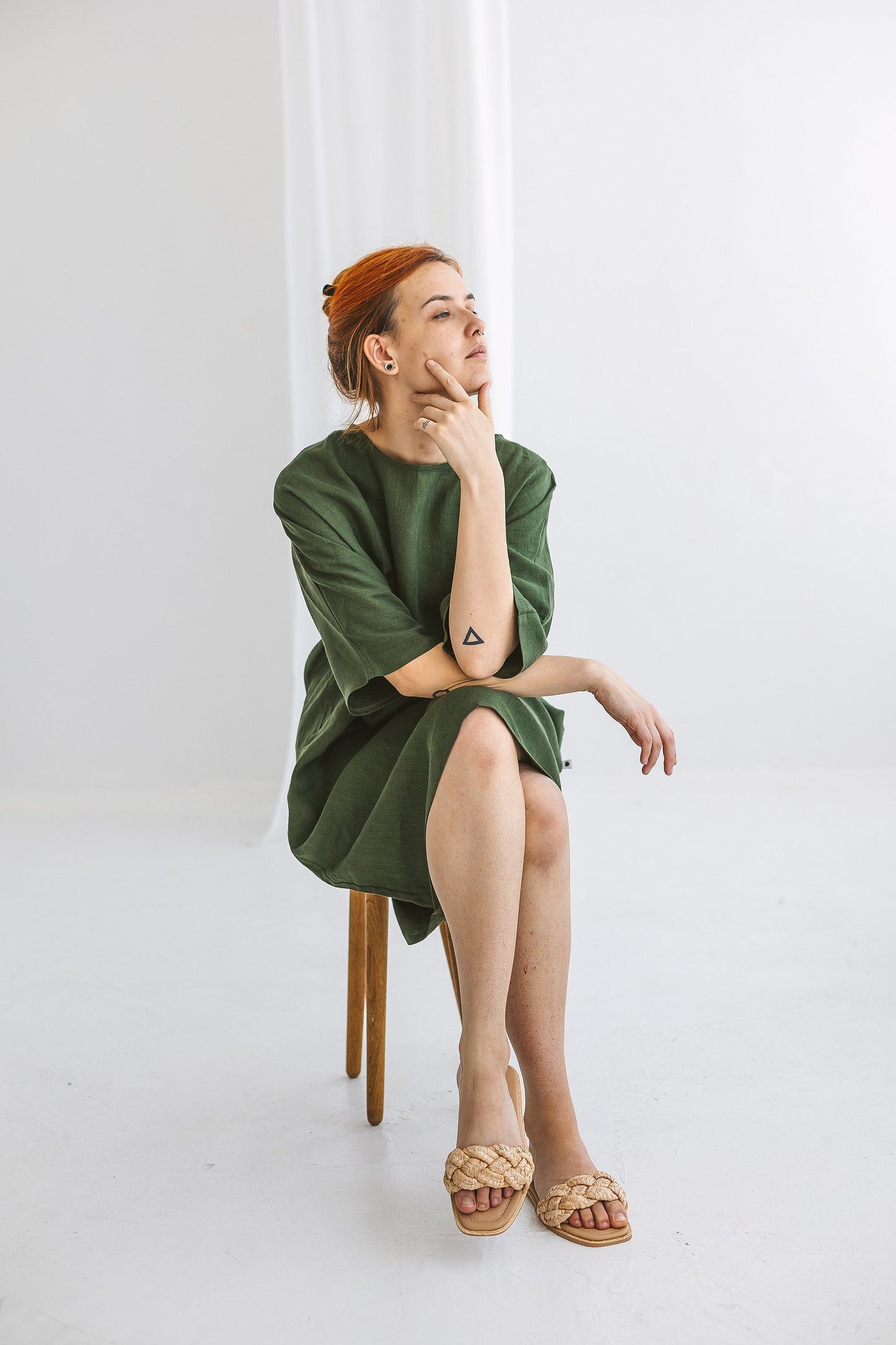 Semi formal linen dress with belt RITA/READY TO SHIP