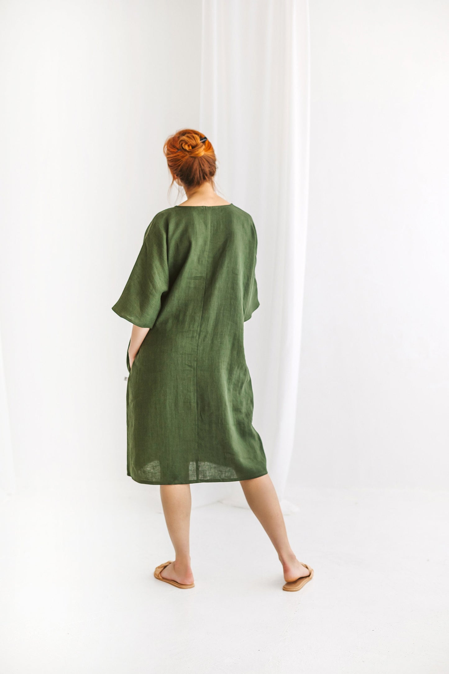Semi formal linen dress with belt RITA/READY TO SHIP