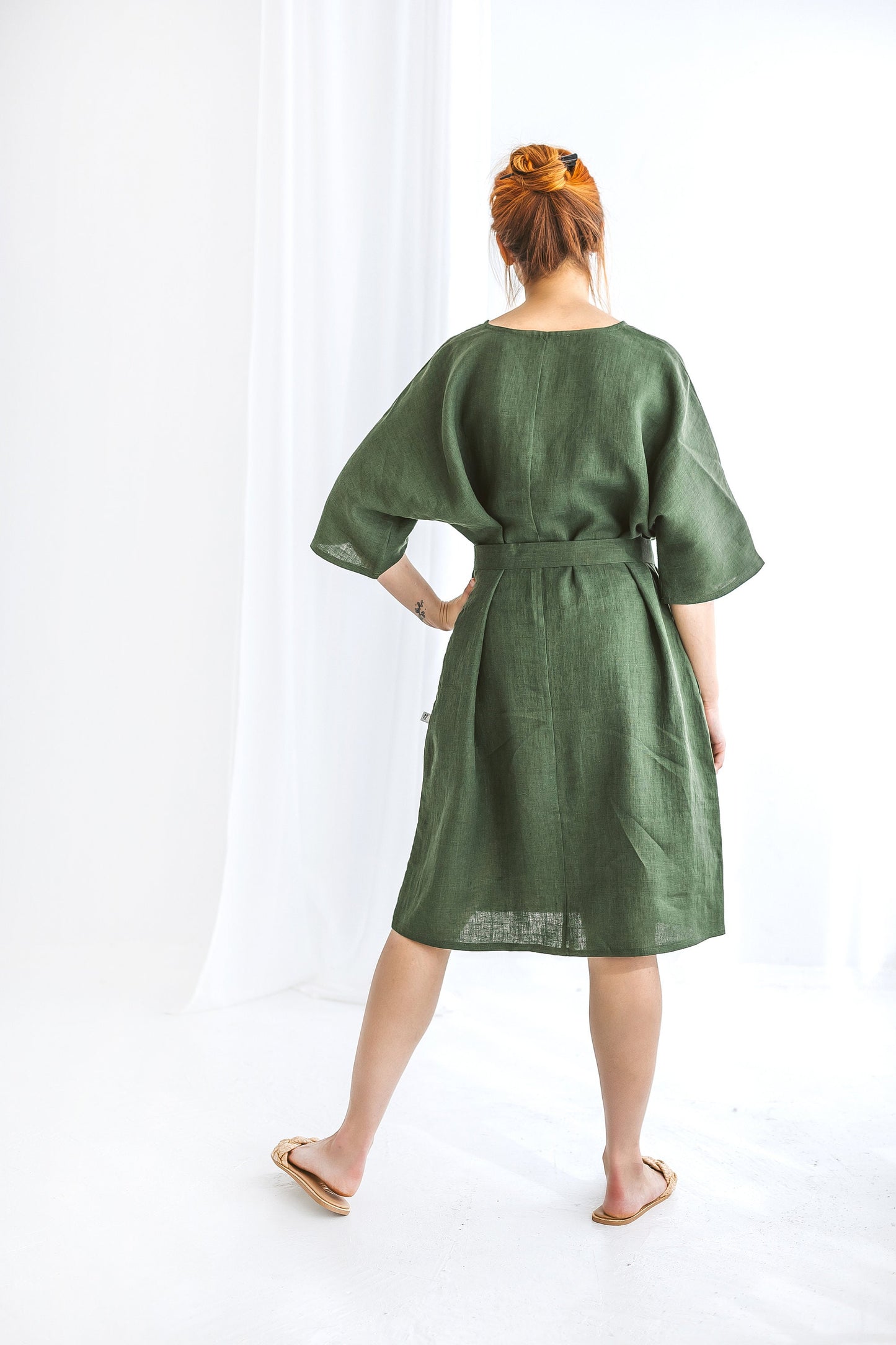 Semi formal linen dress with belt RITA/READY TO SHIP