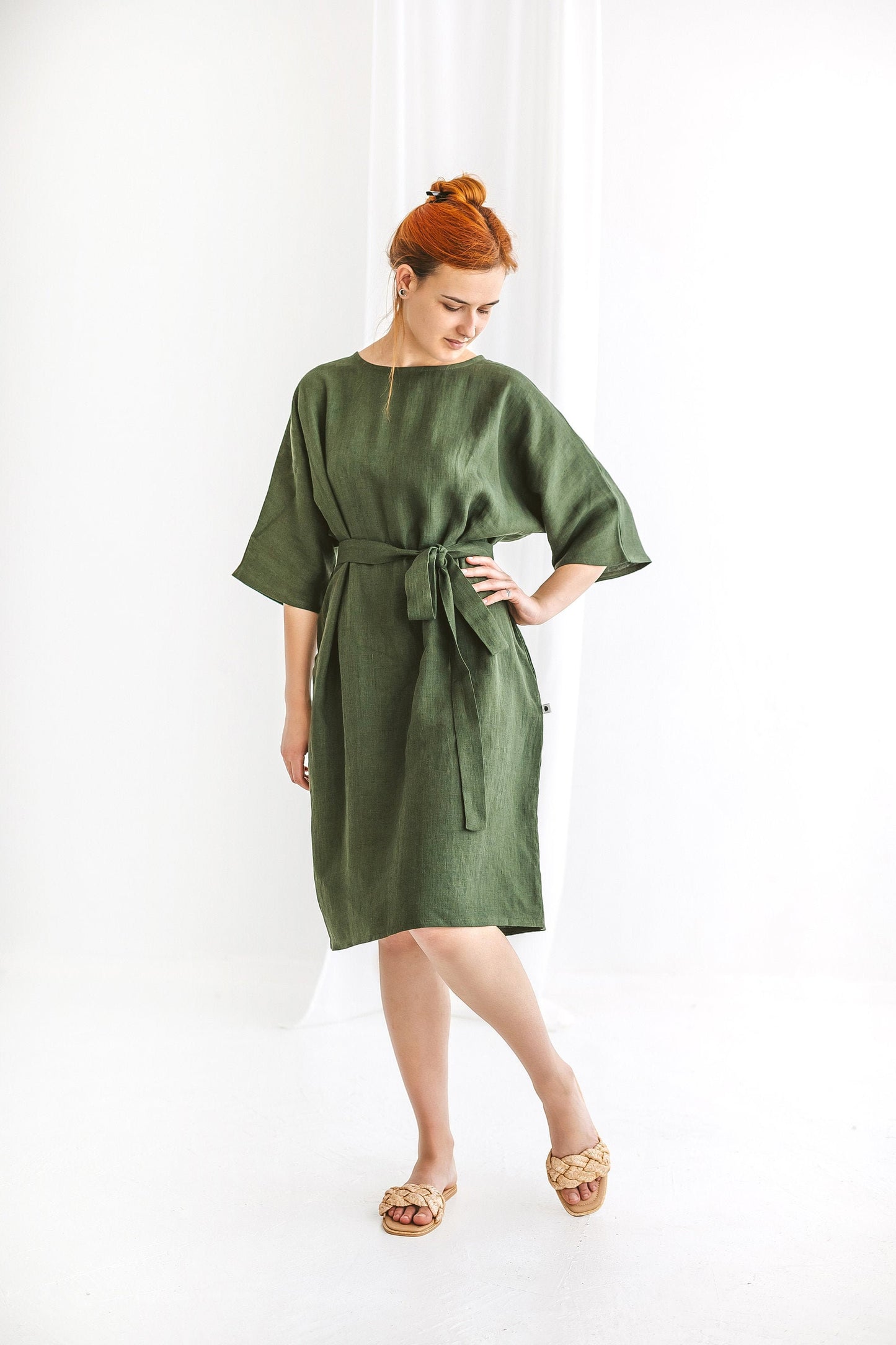 Semi formal linen dress with belt RITA/READY TO SHIP