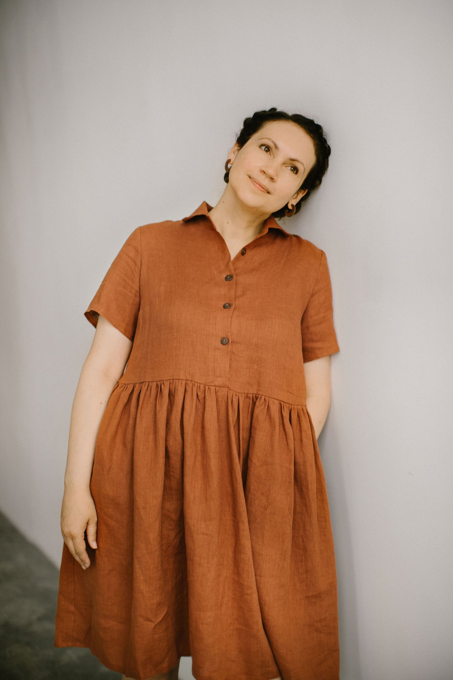 Button up linen midi dress with short sleeves MARTA