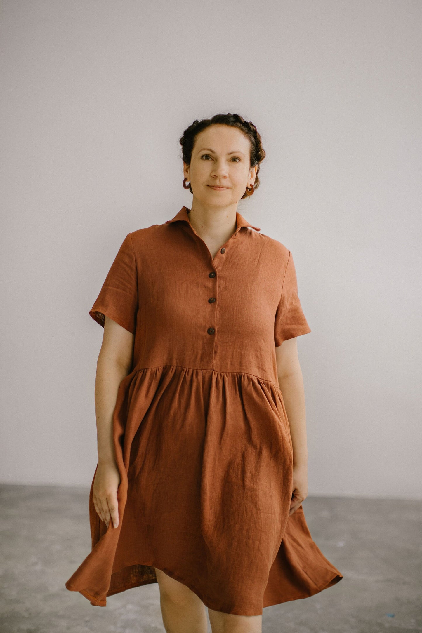 Button up linen midi dress with short sleeves MARTA