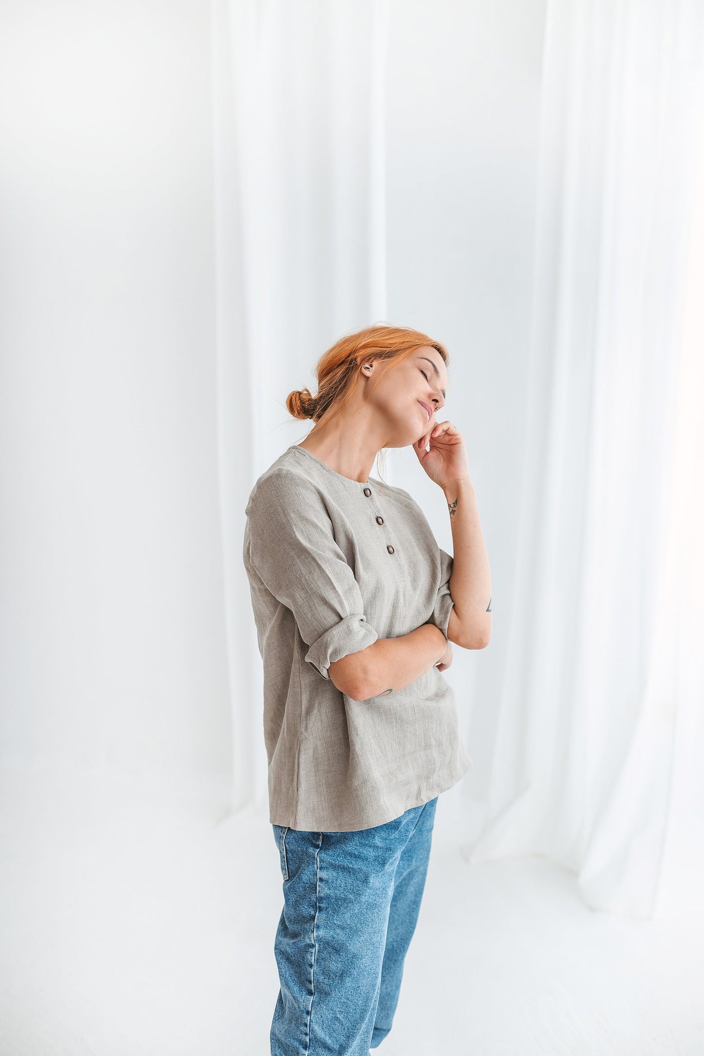 Organic linen blouse with 3/4 sleeves BRENDA