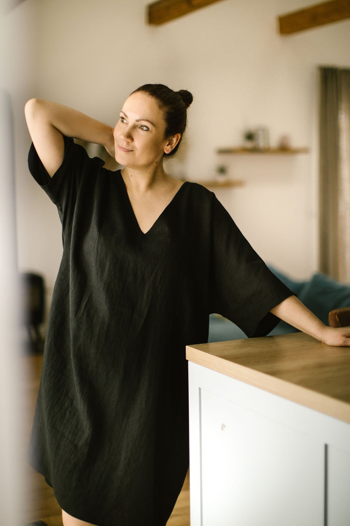 Linen plus size dress with kimono sleeves BARBARA