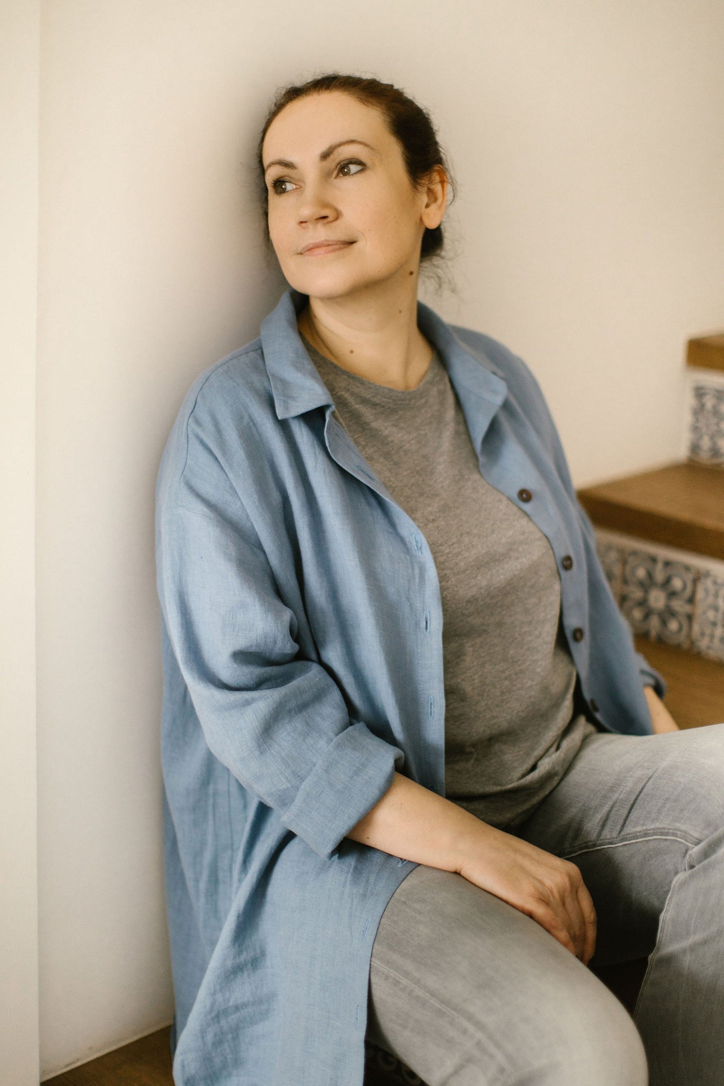 Plus size linen dress with long sleeves ELISE