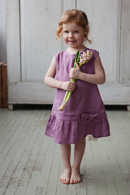 Girl‘s sleeveless linen dress with ribbon LILY