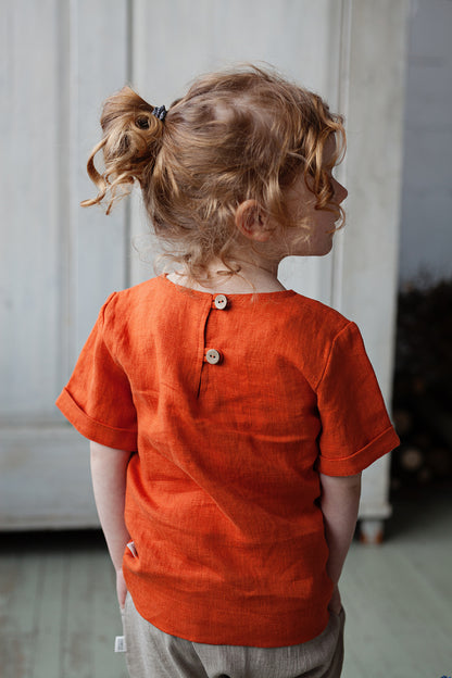 Short sleeves linen blouse for little girls with big ribbon