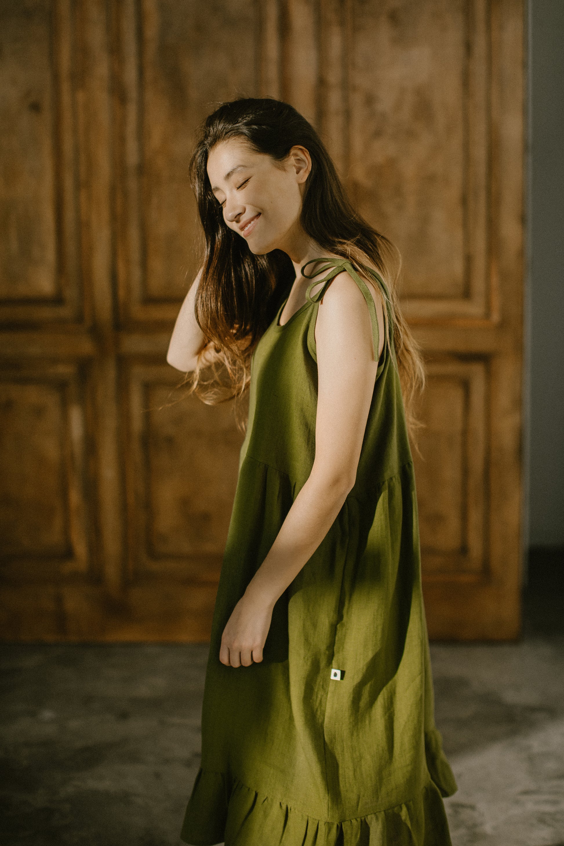 Linen midi dress with adjustable straps LINDA Linen midi dress with adjustable straps LINDA