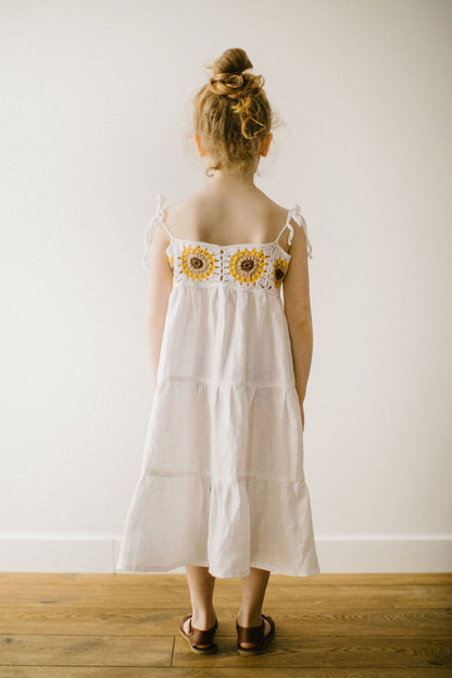 Beautiful white linen dress with crochet sunflowers