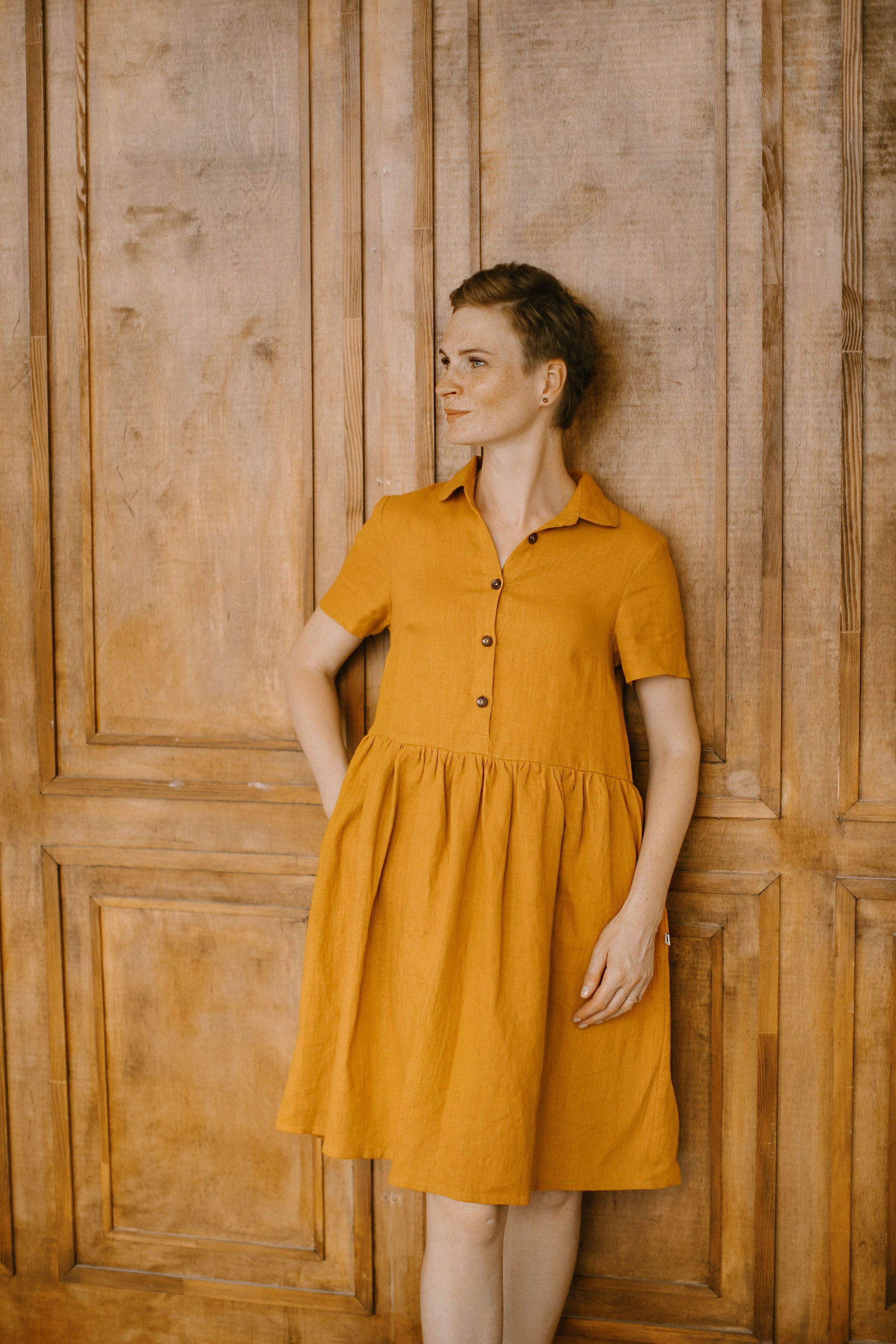 short sleeve linen midi dress Maeve Short-Sleeve Linen Wrap-Back Slim Midi Dress