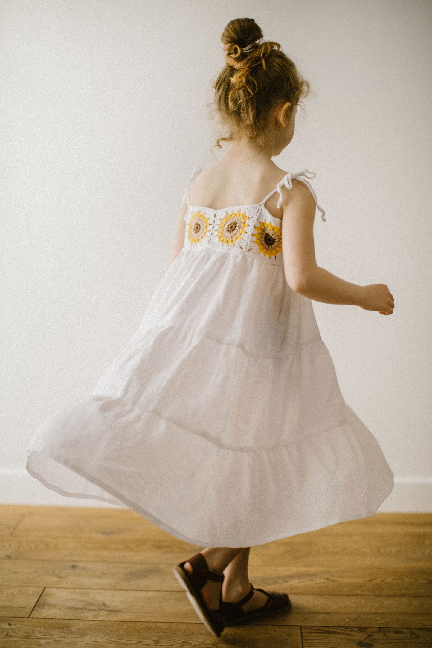 Beautiful white linen dress with crochet sunflowers