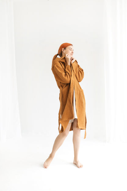 Hooded long organic linen & cotton waffle robe for women and men