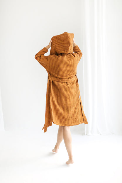 Hooded long organic linen & cotton waffle robe for women and men