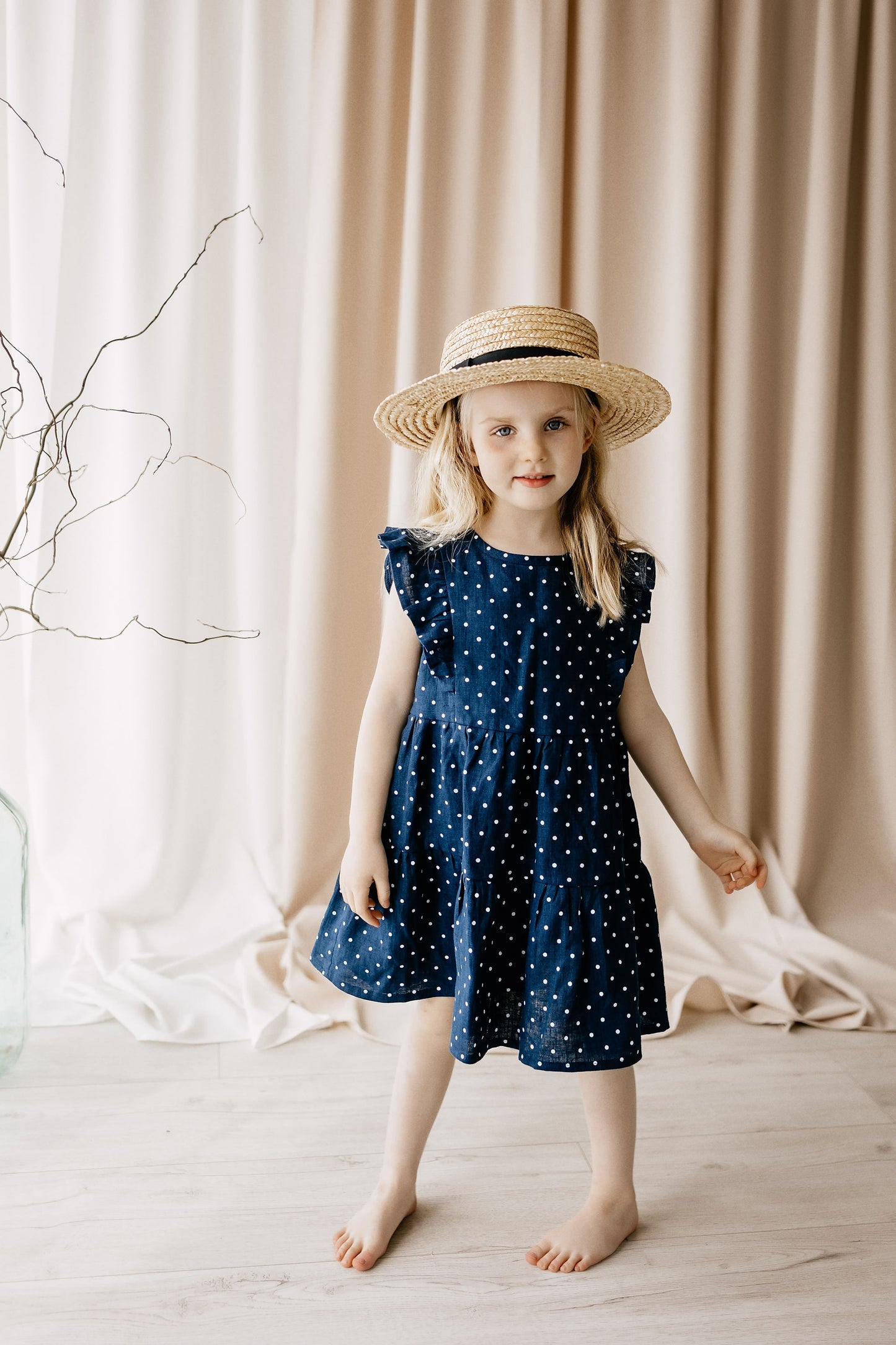 Blue polka dot linen dress for girls