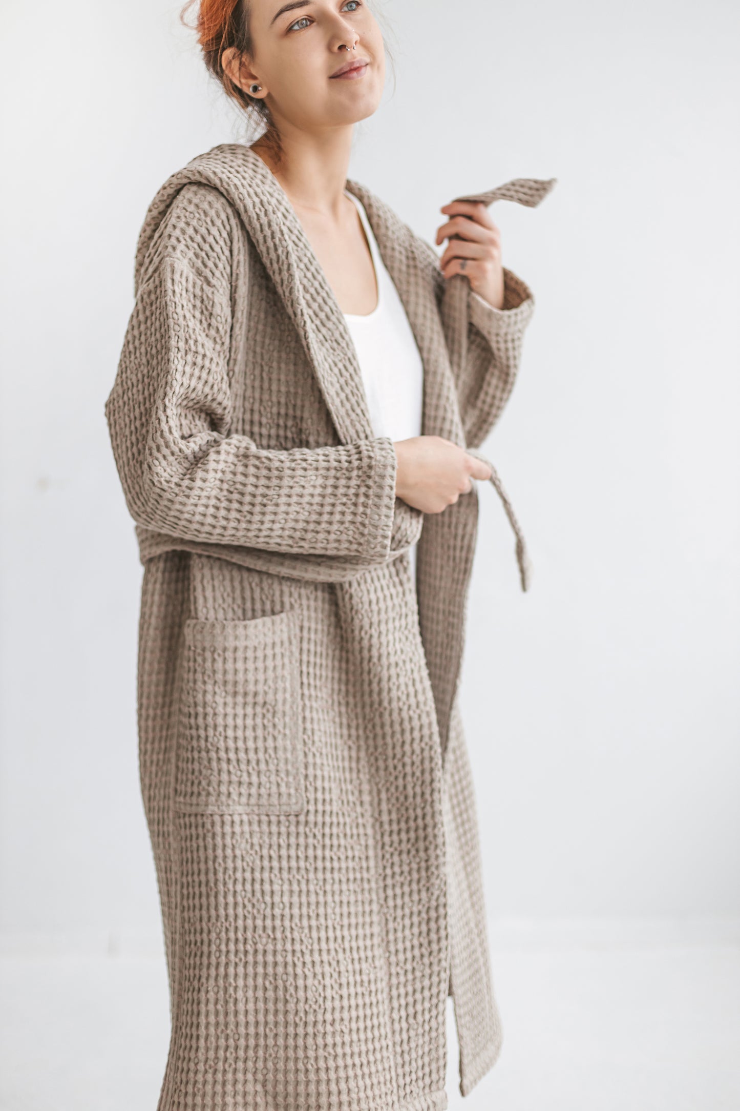 Hooded long organic linen & cotton waffle robe for women and men