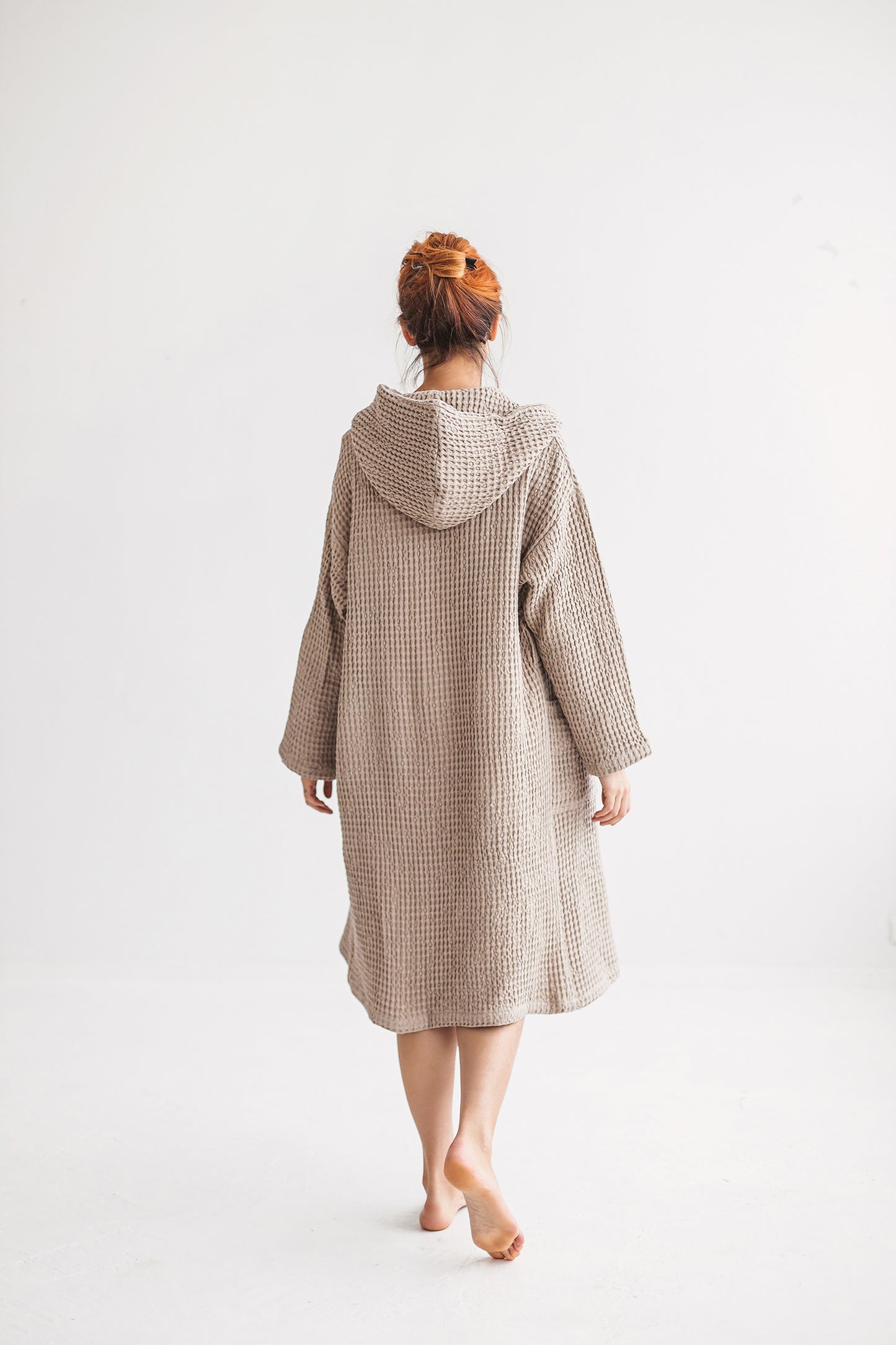 Hooded long organic linen & cotton waffle robe for women and men