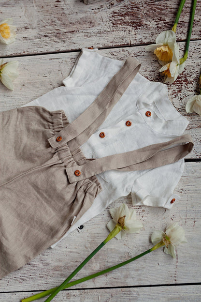 Boy‘s linen wedding or christening suit: set of linen crop pants, white linen shirt