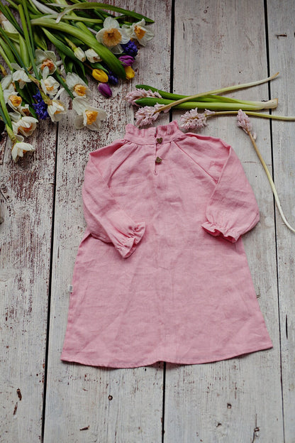 Long sleeve linen dress for baby girl, 104 / READY TO SHIP
