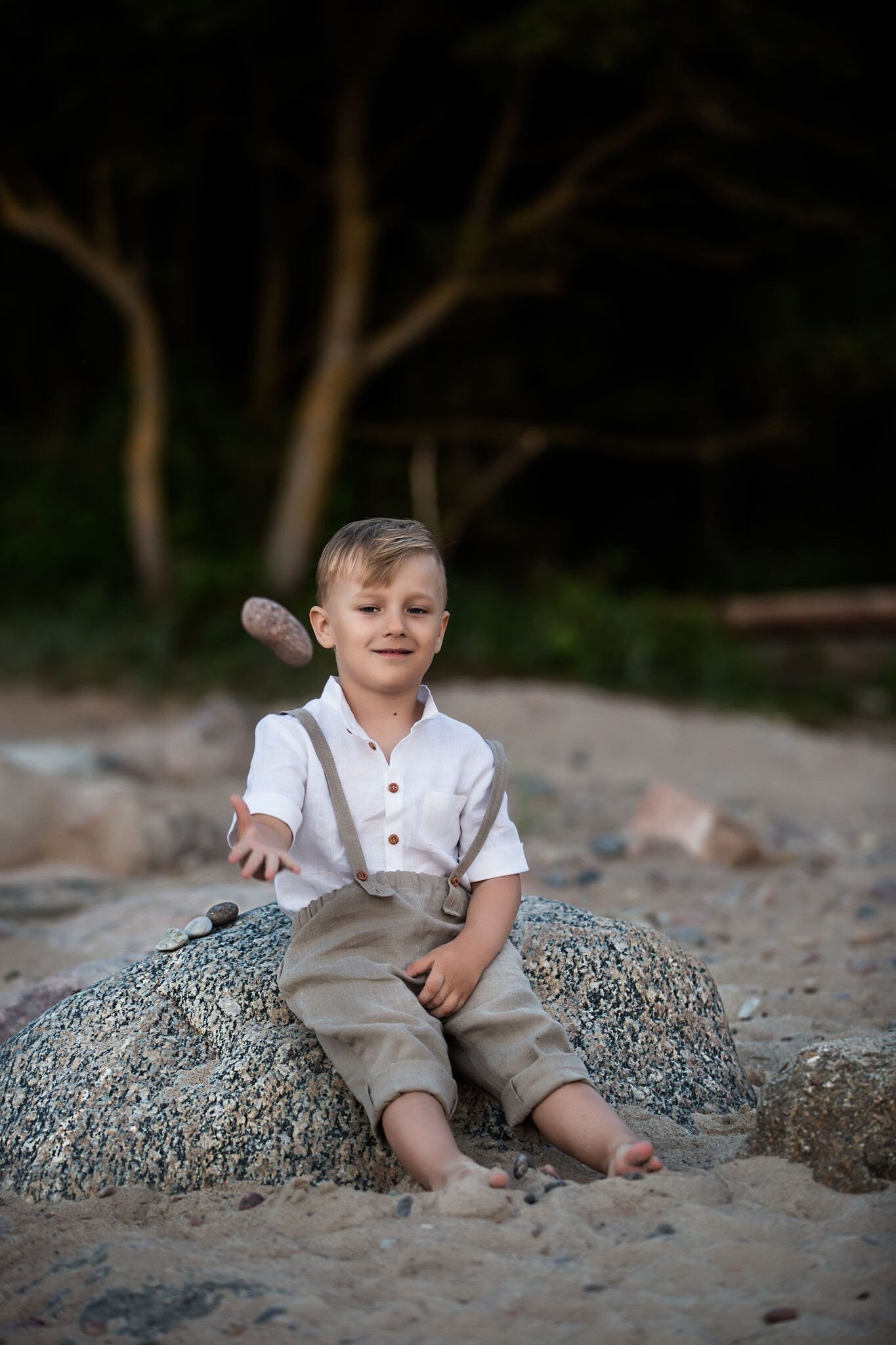 Boy‘s linen wedding or christening suit: set of linen crop pants, white linen shirt